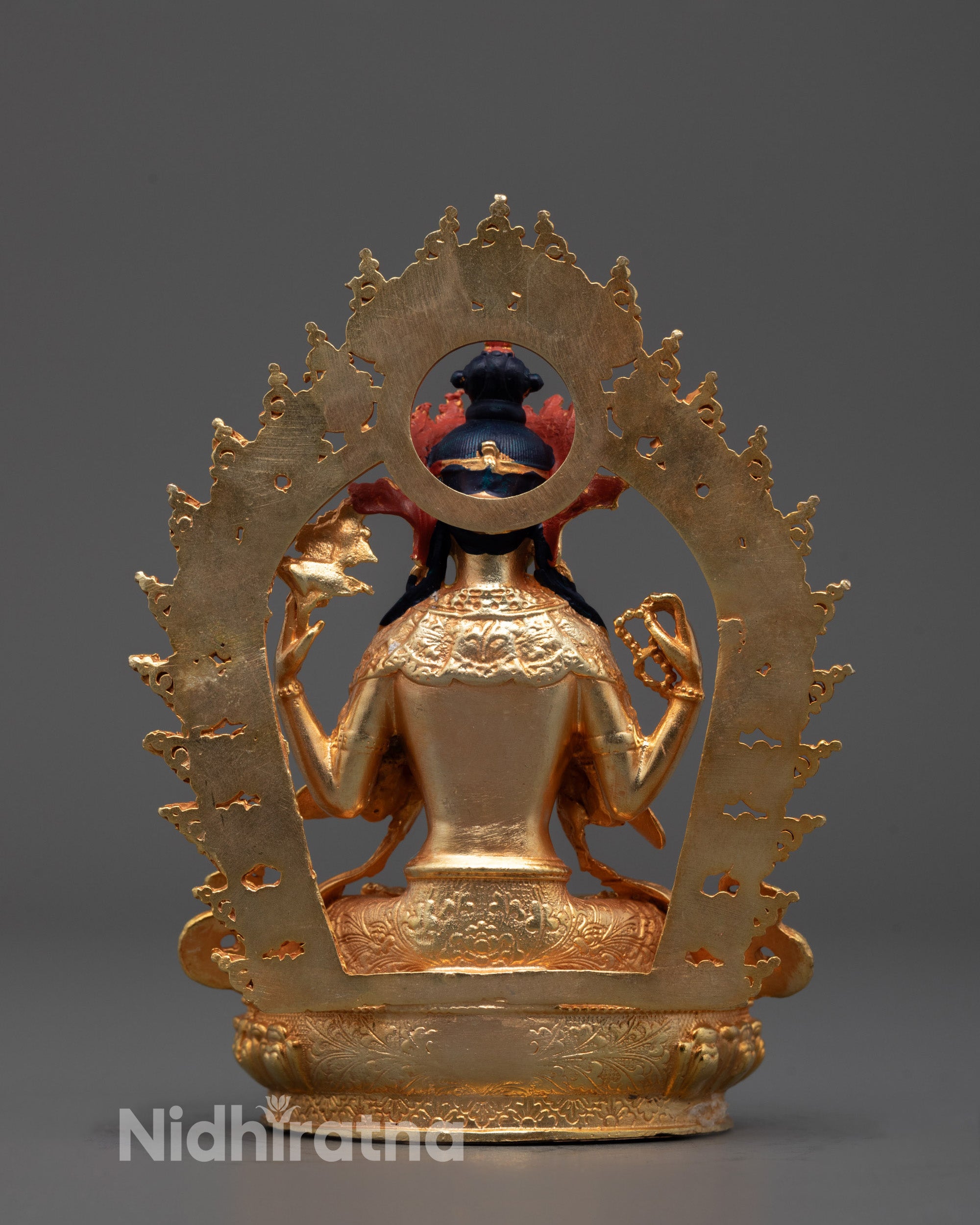Back view of the Chenrezig Statue highlighting the 24k gold gilded copper surface