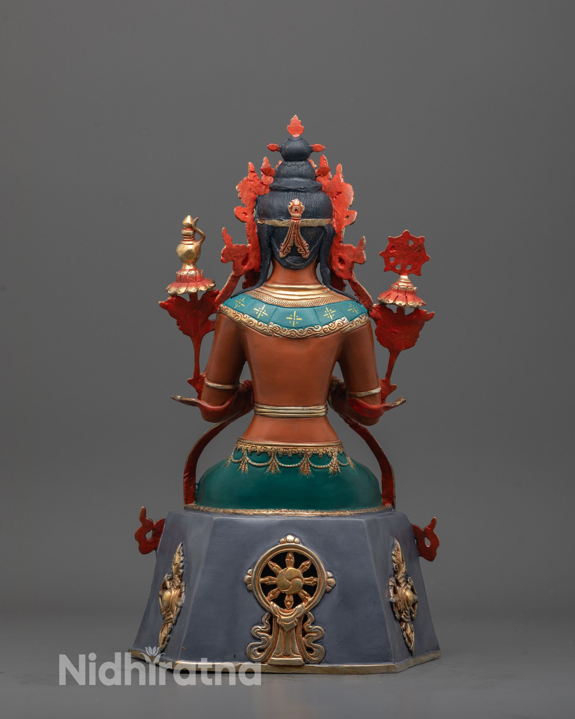 Back view of the Traditional Tibetan Maitreya Buddha Statue in radiant red color