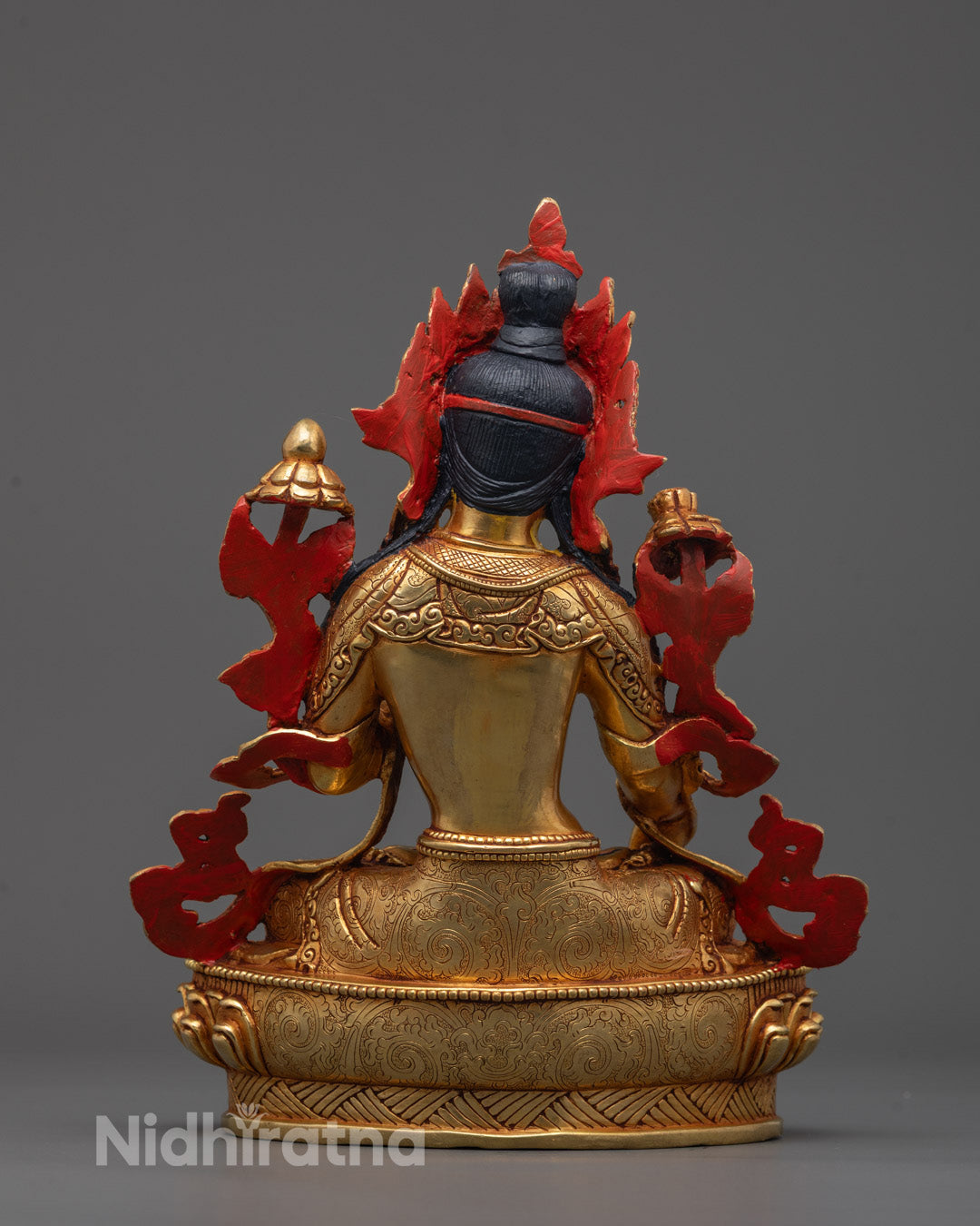Back view of the oxidized copper White Tara Statue highlighting detailed