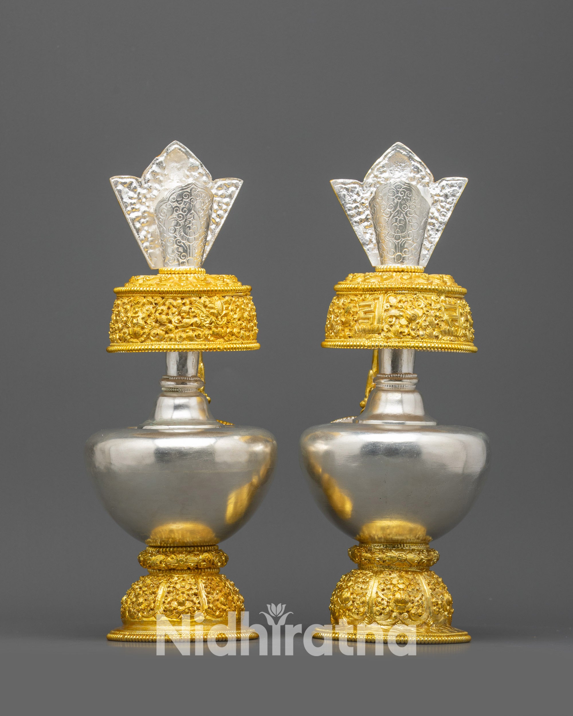 Back view ornamented lid with sacred mantras on Bhumba offering vase