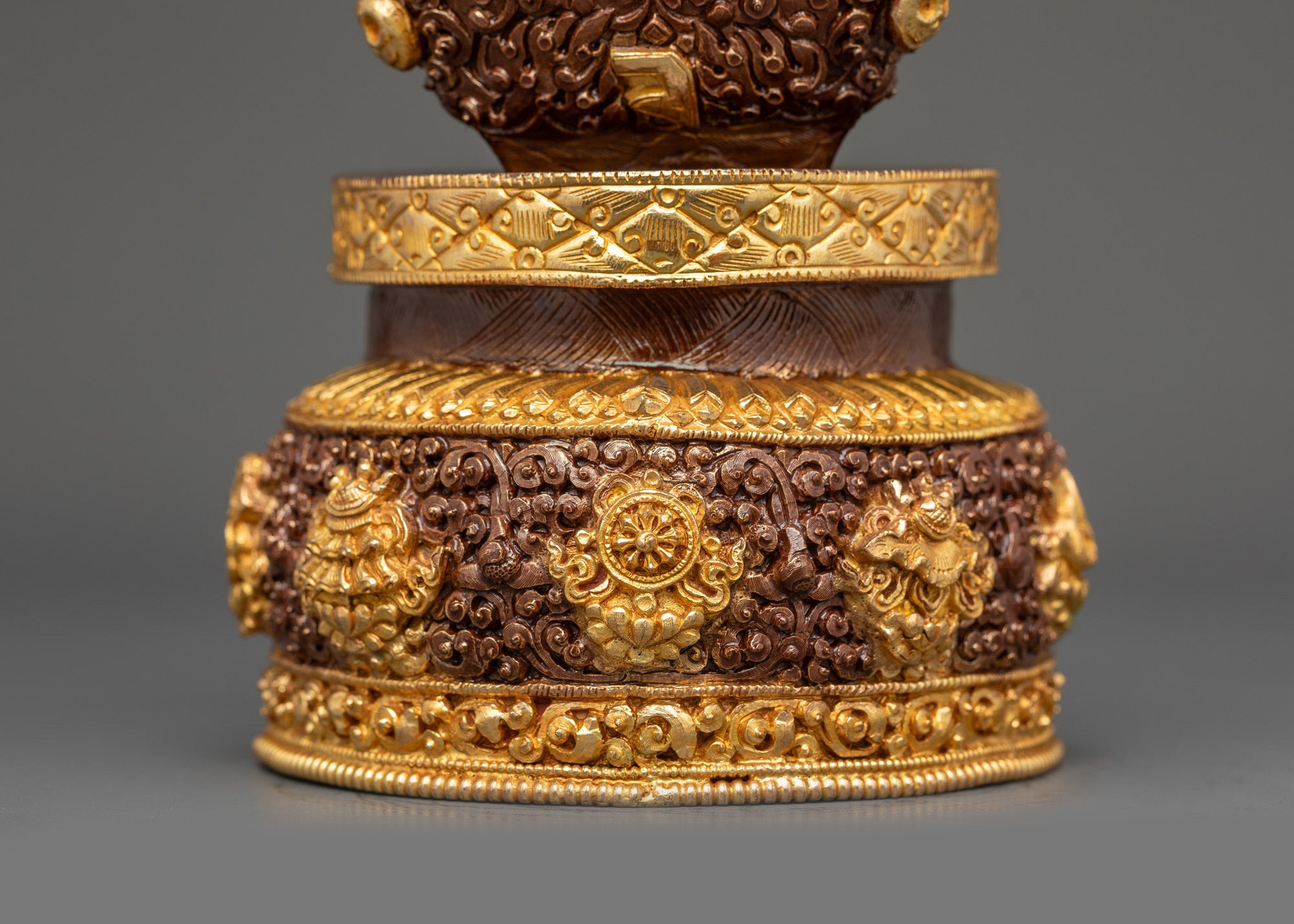 Base view handcrafted Kapala ritual skull cup, copper with gold plating, hand-painted Vajrayana ritual vessel