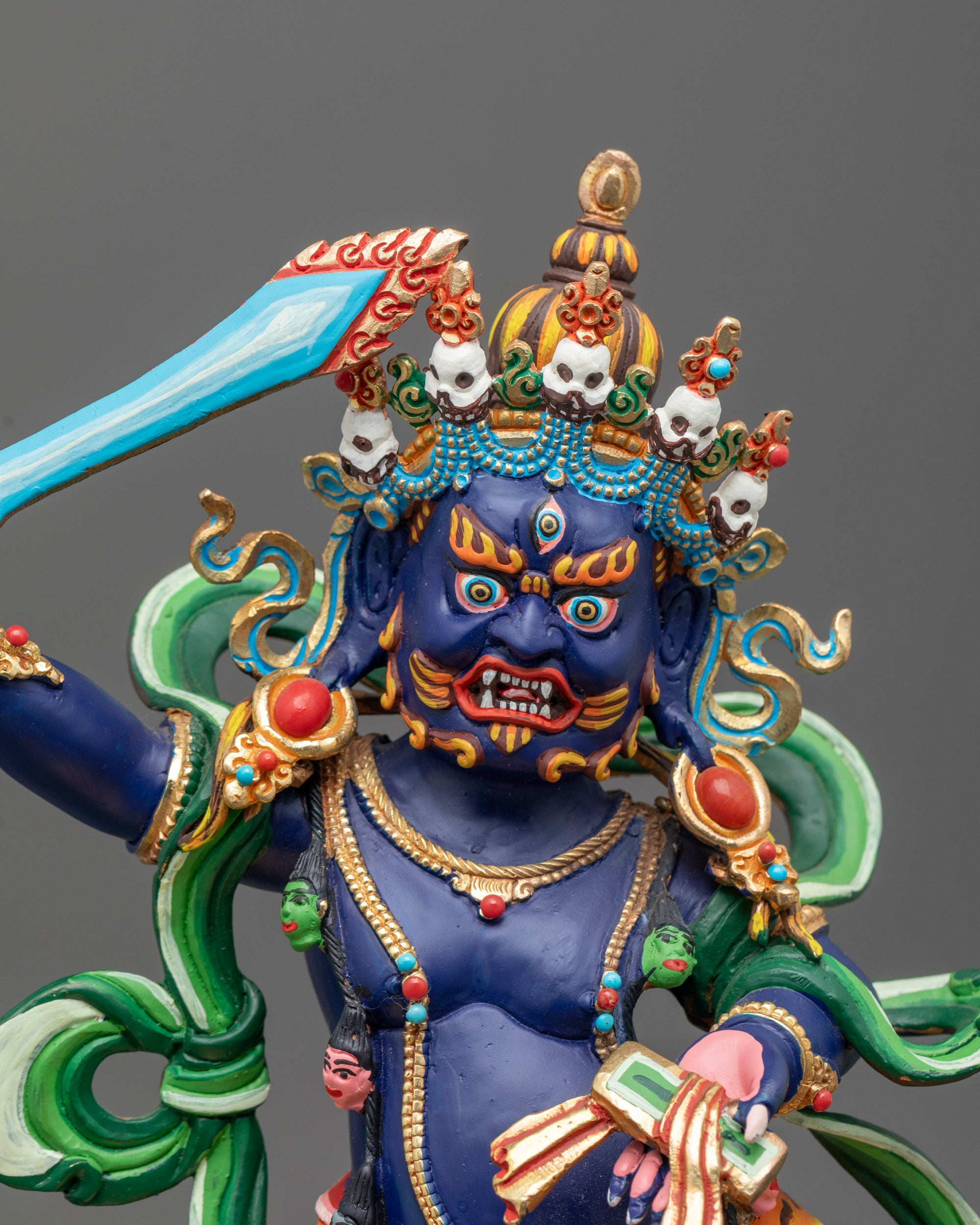 Beautifully Colored Manjushri Sculpture with Detailed Halo and Lotus Base