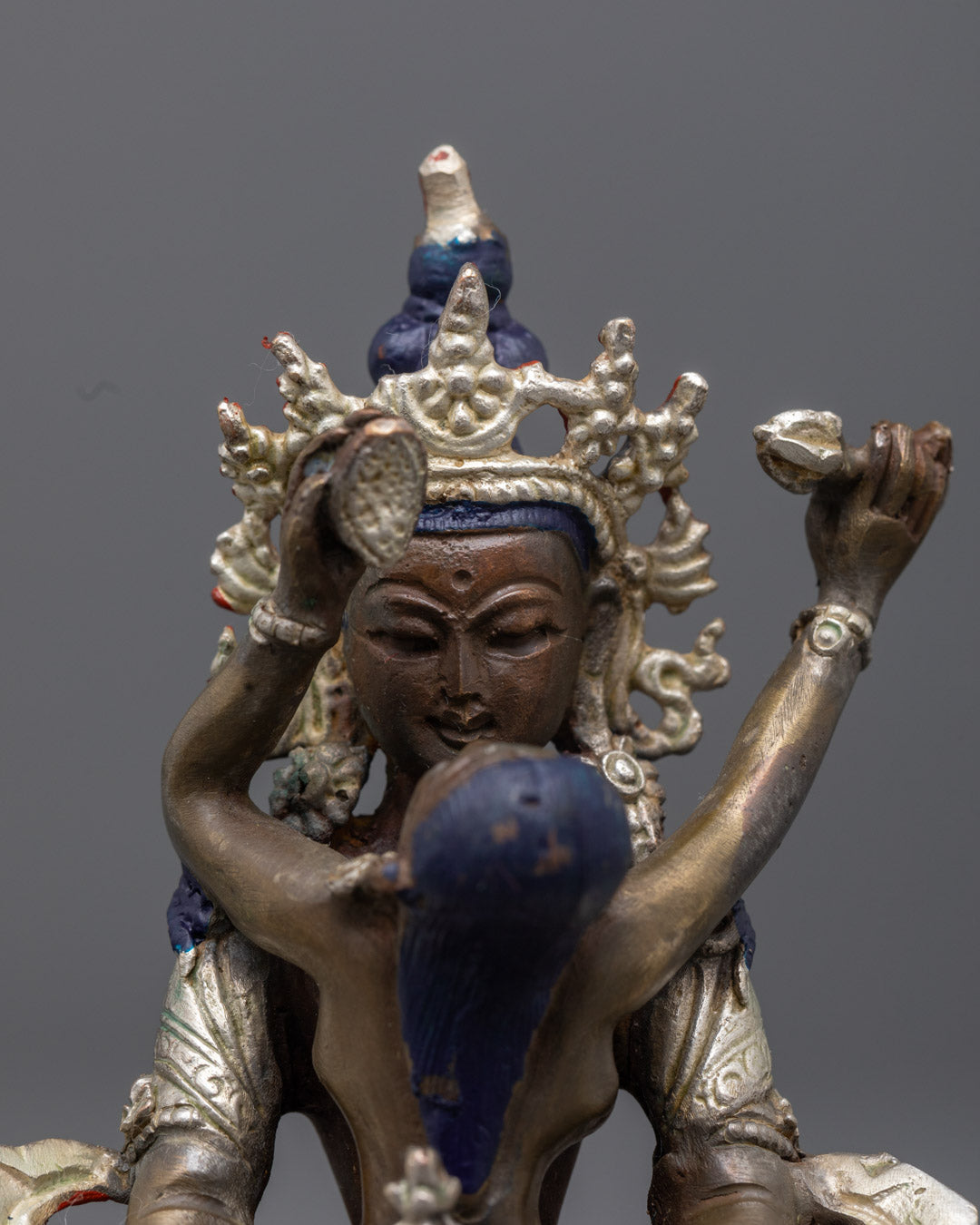 Beautifully painted Amitayus Buddha Consort statue with vibrant acrylic colors seated on oxidized silver-plated lotus throne