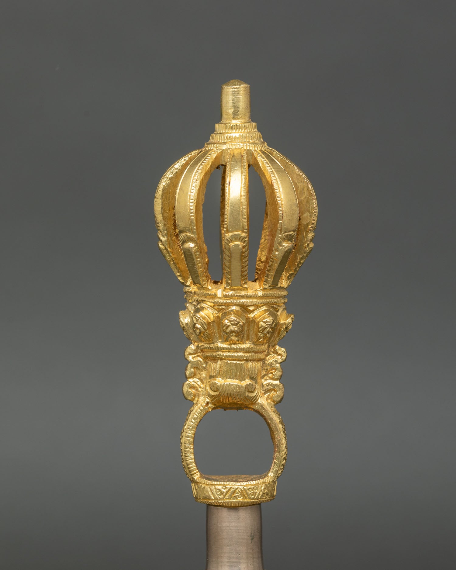 Bell handle with gold-plated copper - intricate deity carvings detail