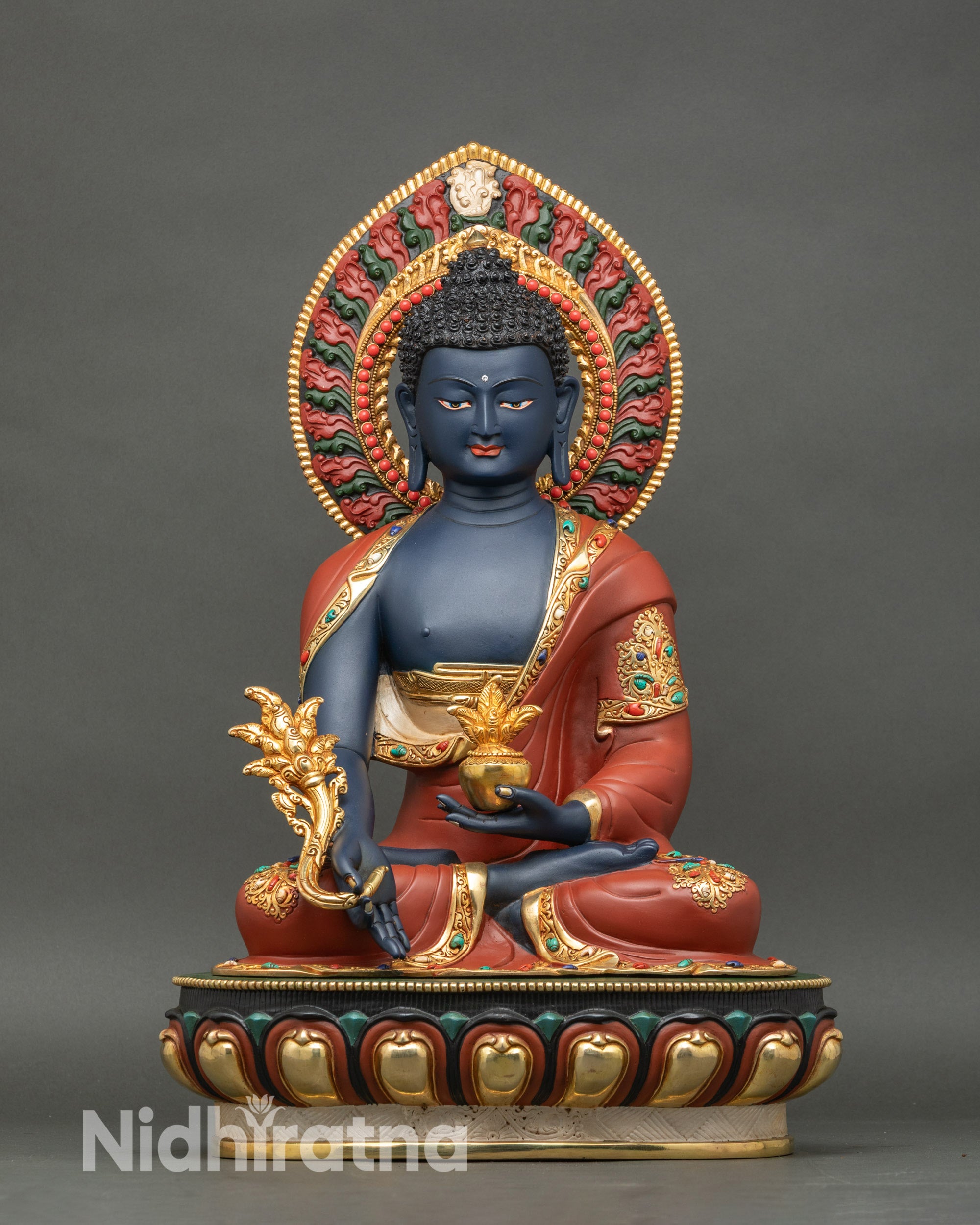 Blue Medicine Buddha statue for home altar, handcrafted Nepalese copper with gold fire gilding