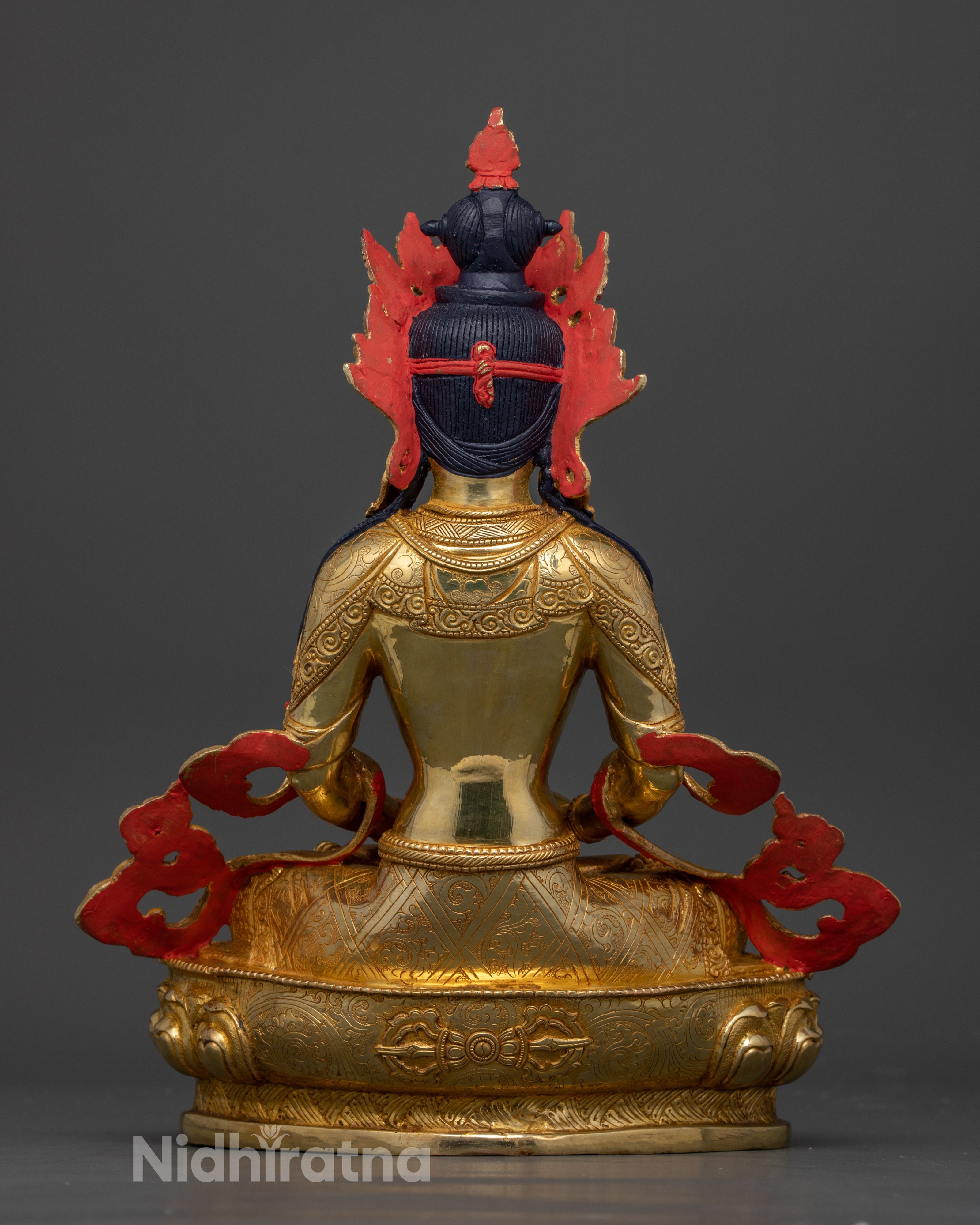 the back view of gold coated Bodhisattva Amitayus statue with acrylic colors used for hair and robe