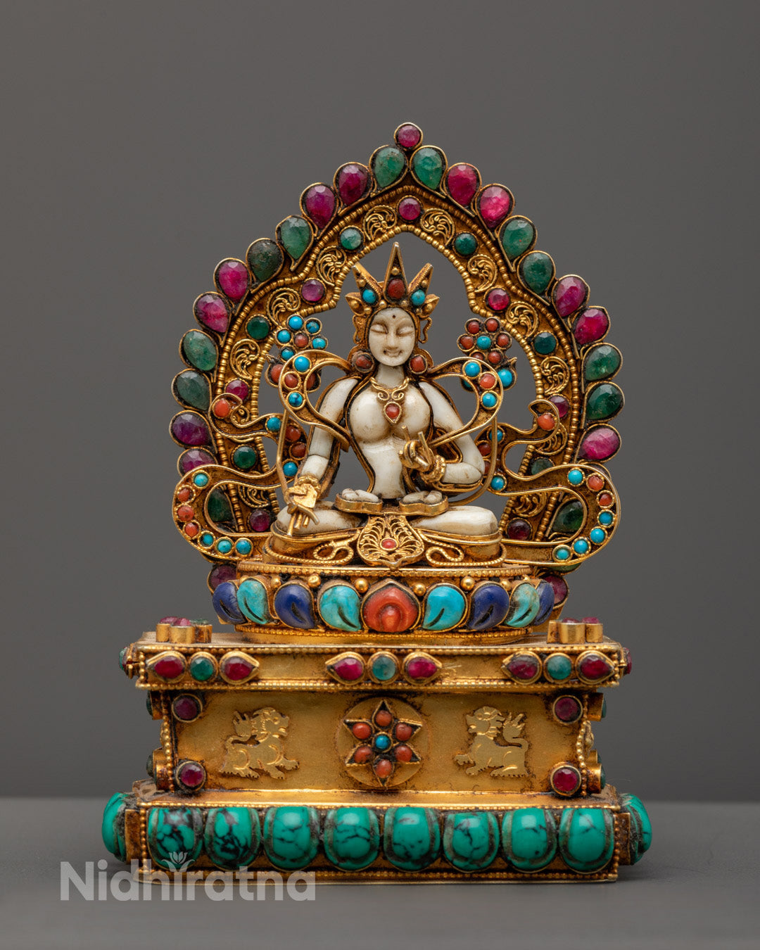 Bodhisattva White Tara Meditating Statue with 24k gold fire-gilded body and semi-precious stones including turquoise coral and lapis lazuli