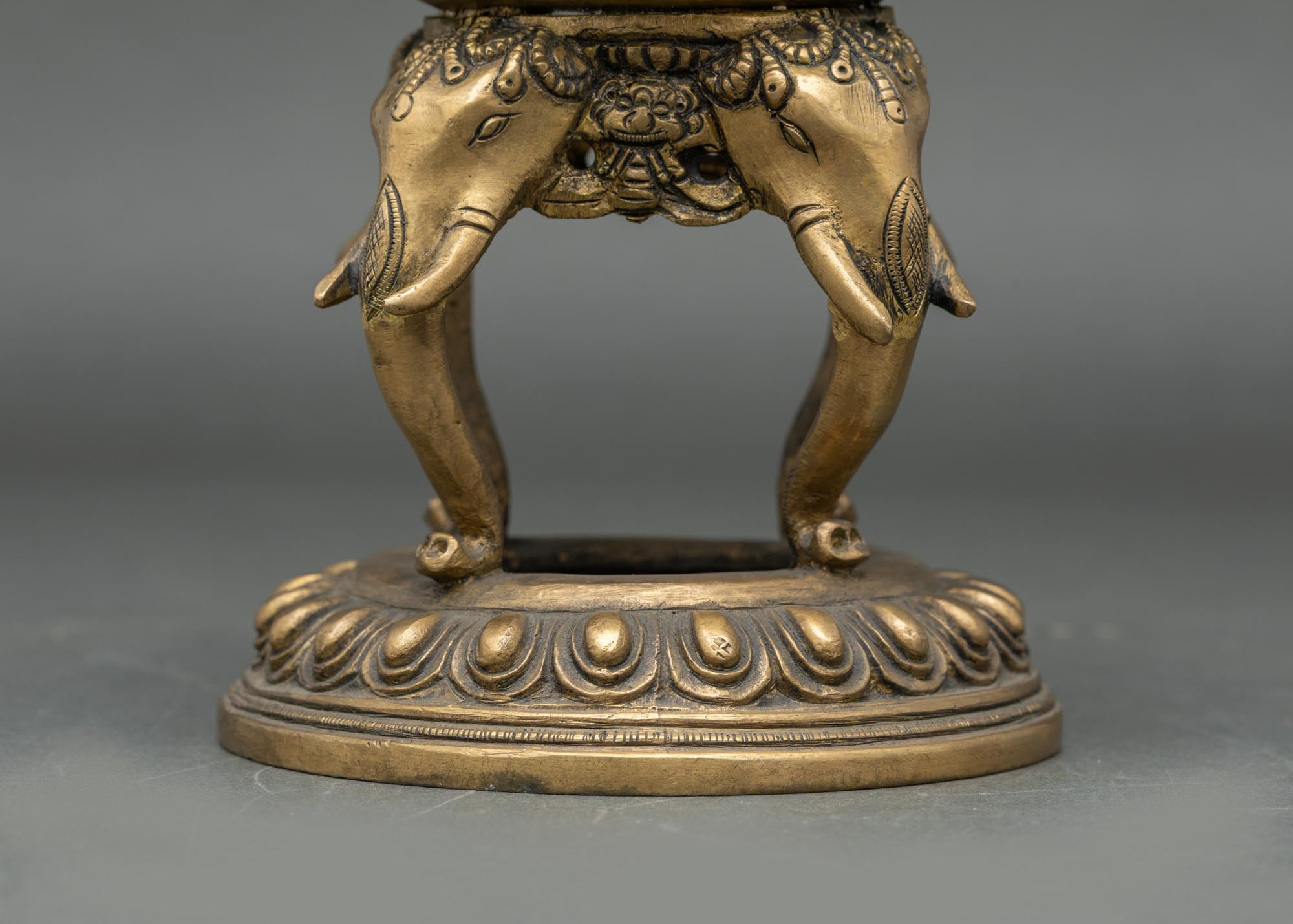 Bottom lotus seat base of brass elephant stand incense burner handcrafted Nepali sculpture