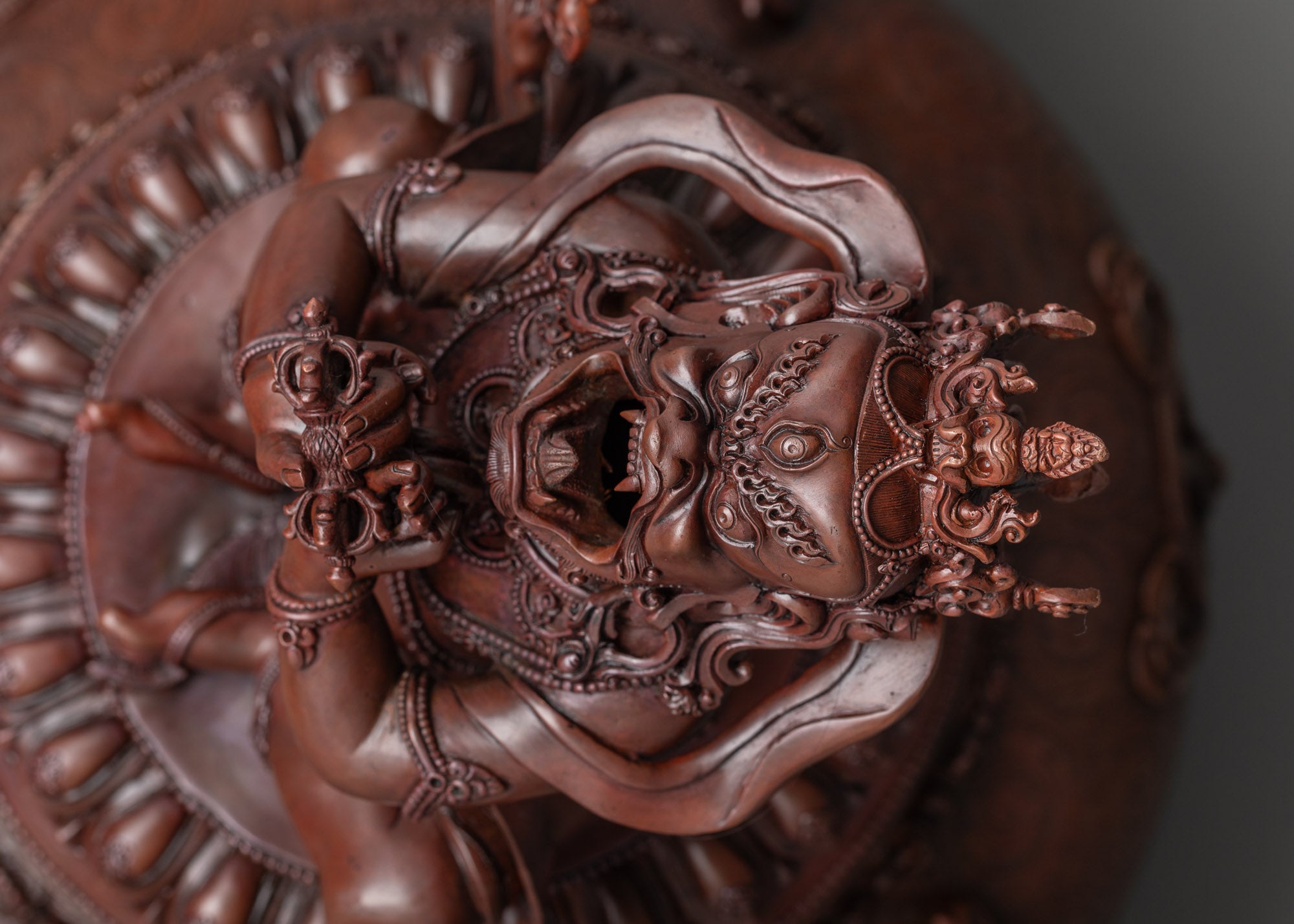 Bottom view of Oxidized Vajradhaka Statue highlighting intricate oxidized copper design