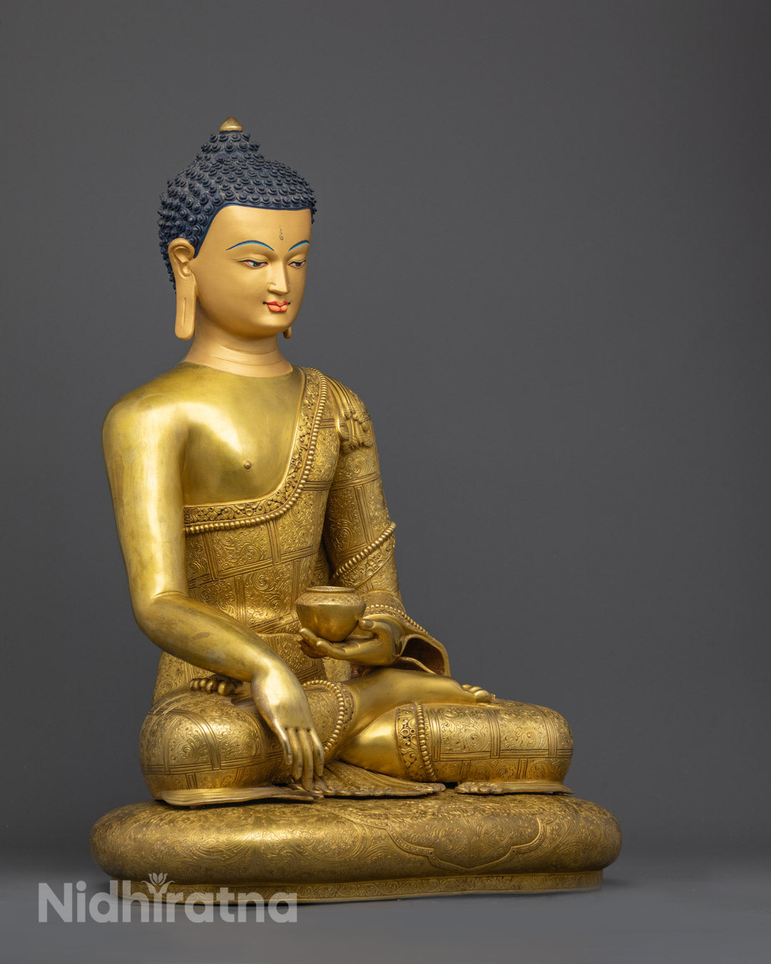 Side angle of lost wax Shakyamuni Buddha Statue with detailed halo