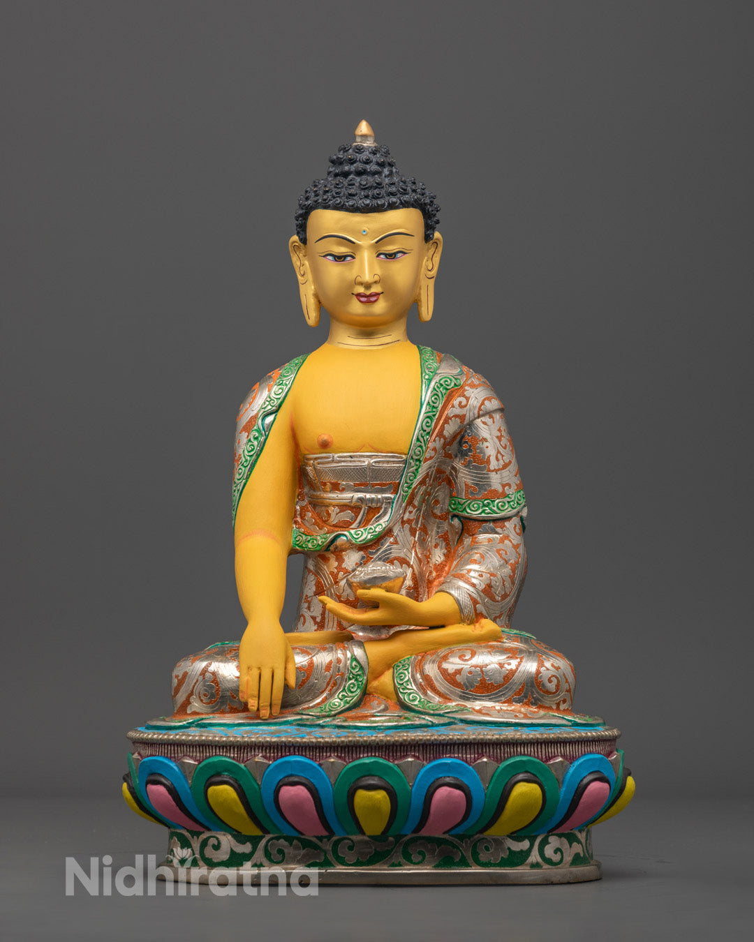 Yellow-Toned Shakyamuni Buddha Statue with Gold-Gilded Face and Intricate Acrylic Detailing