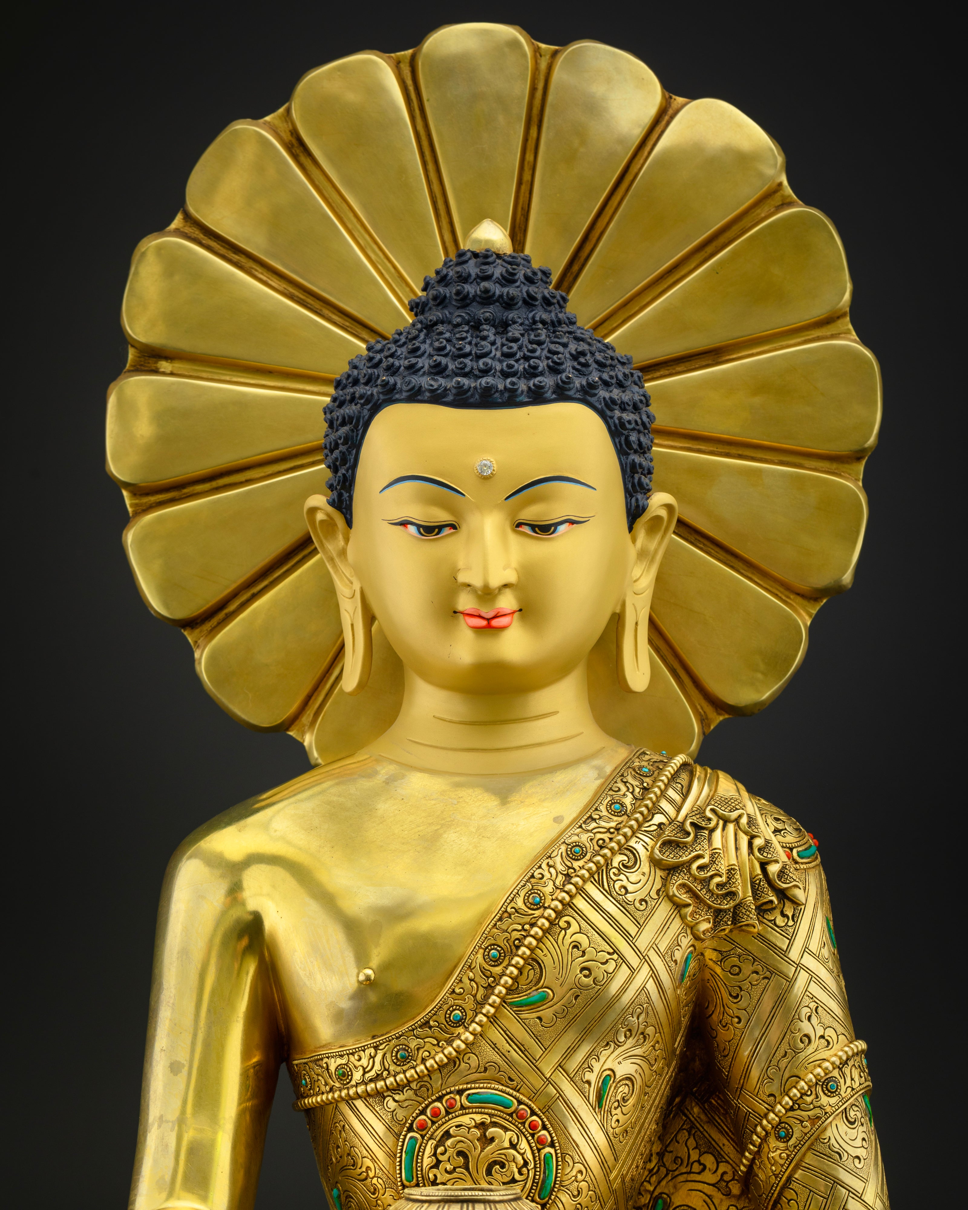 A gold statue of a seated Buddha on a pedestal| Buddha Statue | Shakyamuni Buddha Statue | Buddha Gold Tall Statue |Siddhartha Gautama Buddha Statue | Gautam Buddha Statue