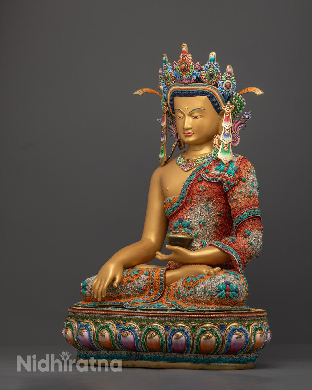 Crowned Shakyamuni Buddha Statue | Gold-Gilded Buddhist Figure