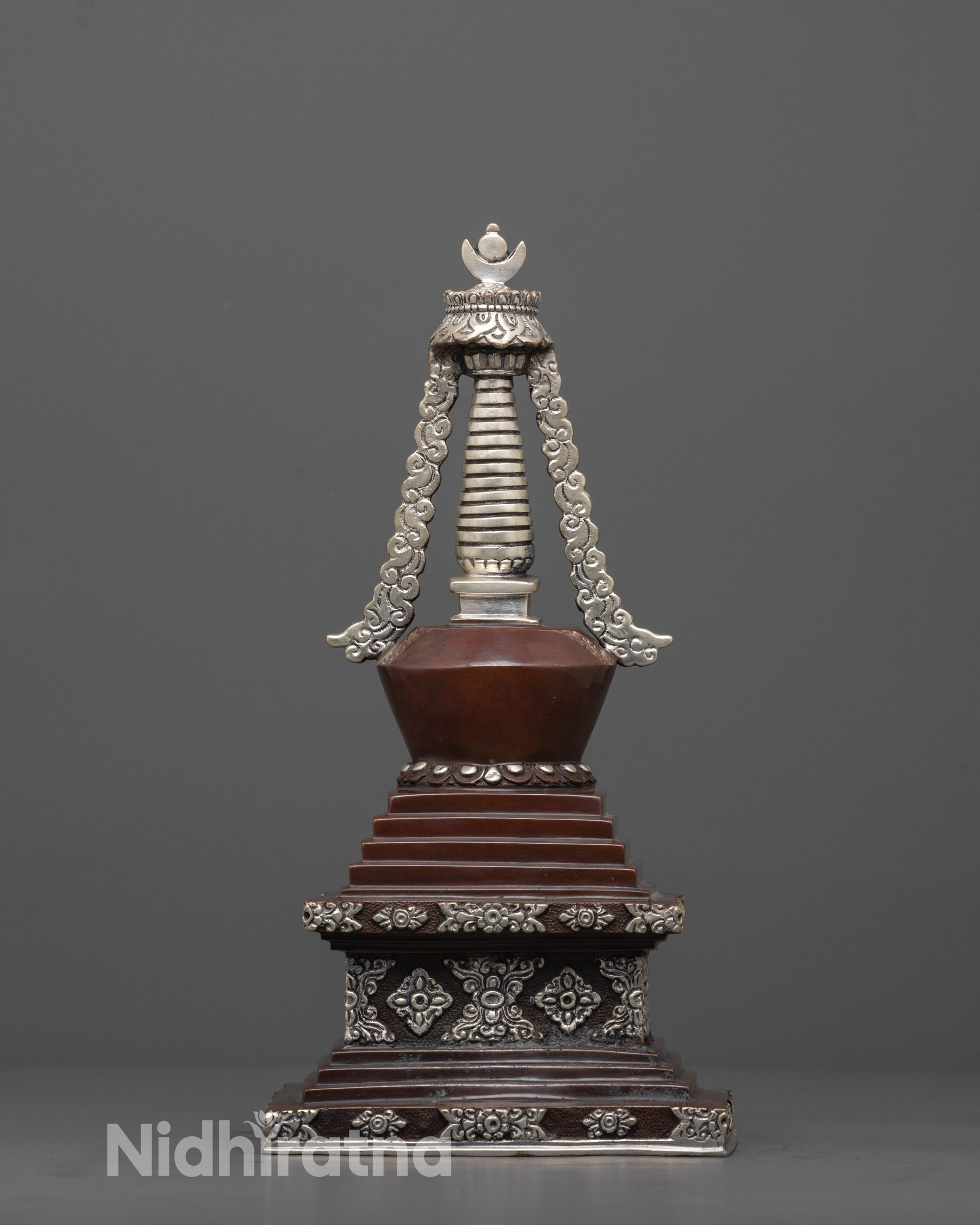 Oxidized Copper Shakyamuni Buddha Stupa | Silver-Plating Finishing
