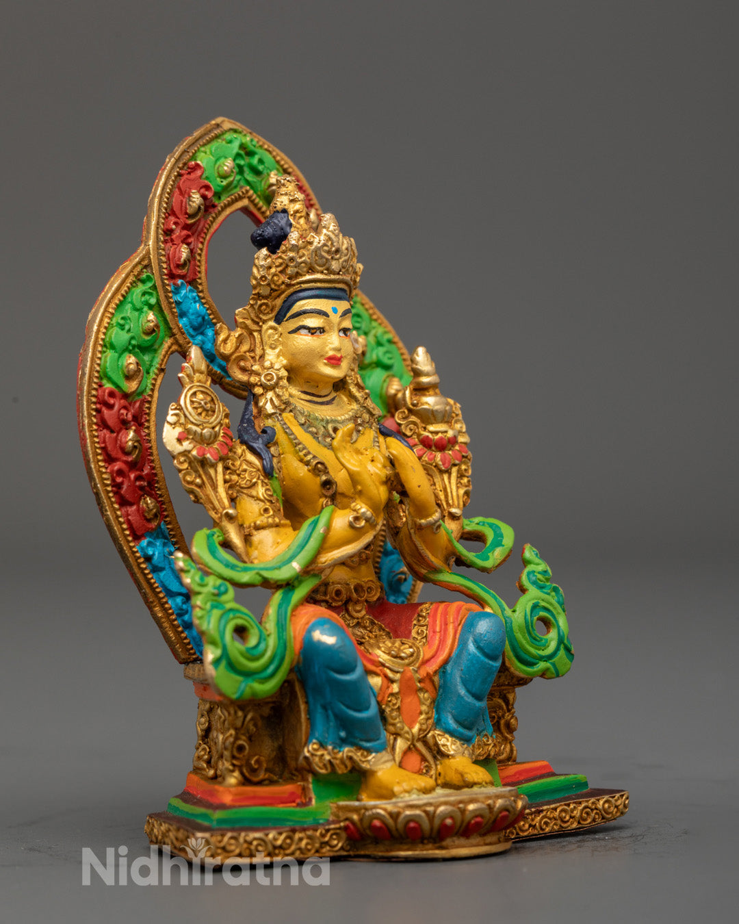 Buddha Maitreya performing Turning-the-Dharma-Wheel Mudra, surrounded by detailed uptala flower carvings, crafted using electroplating on copper.