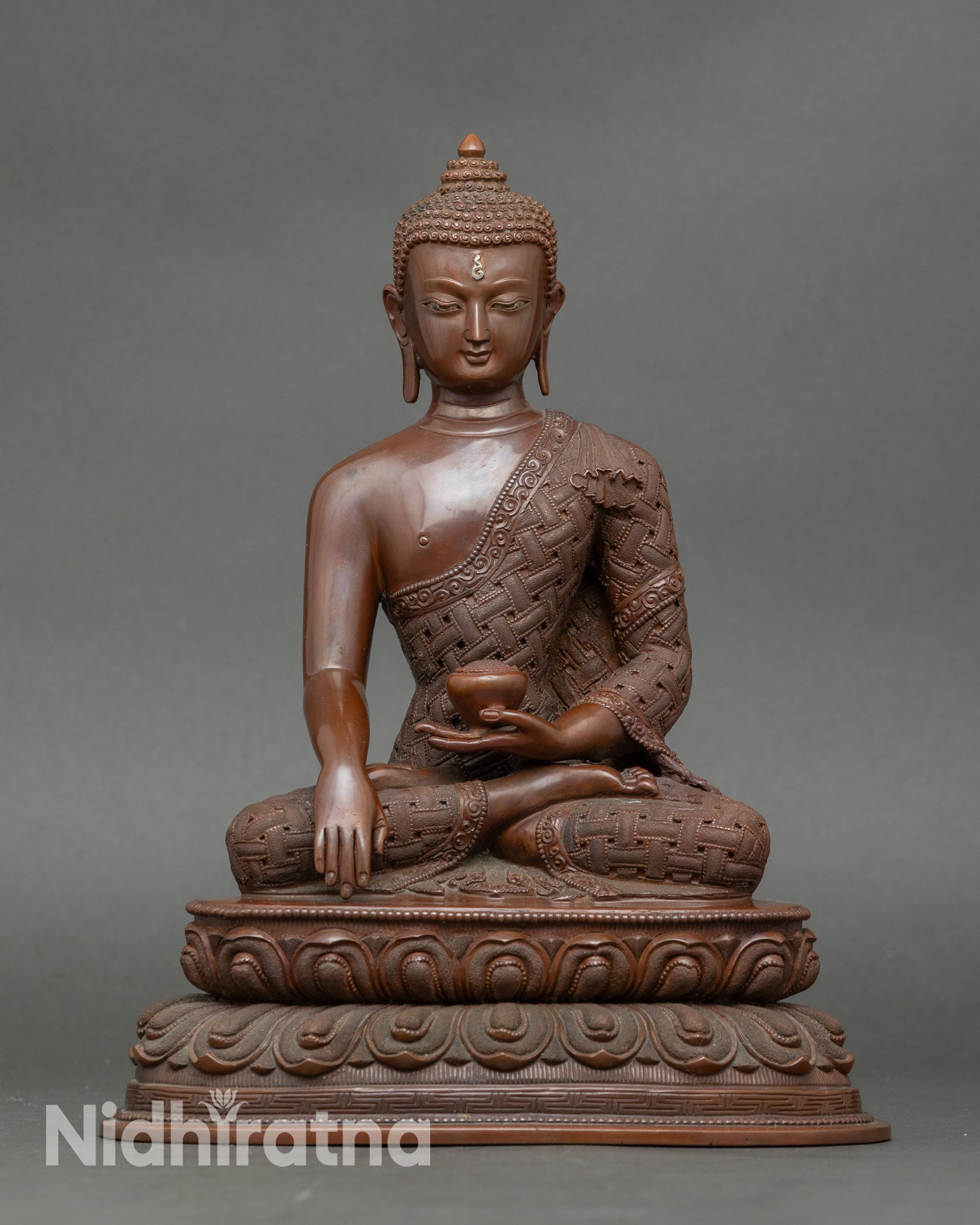 Buddha Shakyamuni Altar Statue seated on double lotus, handcrafted Nepalese copper art