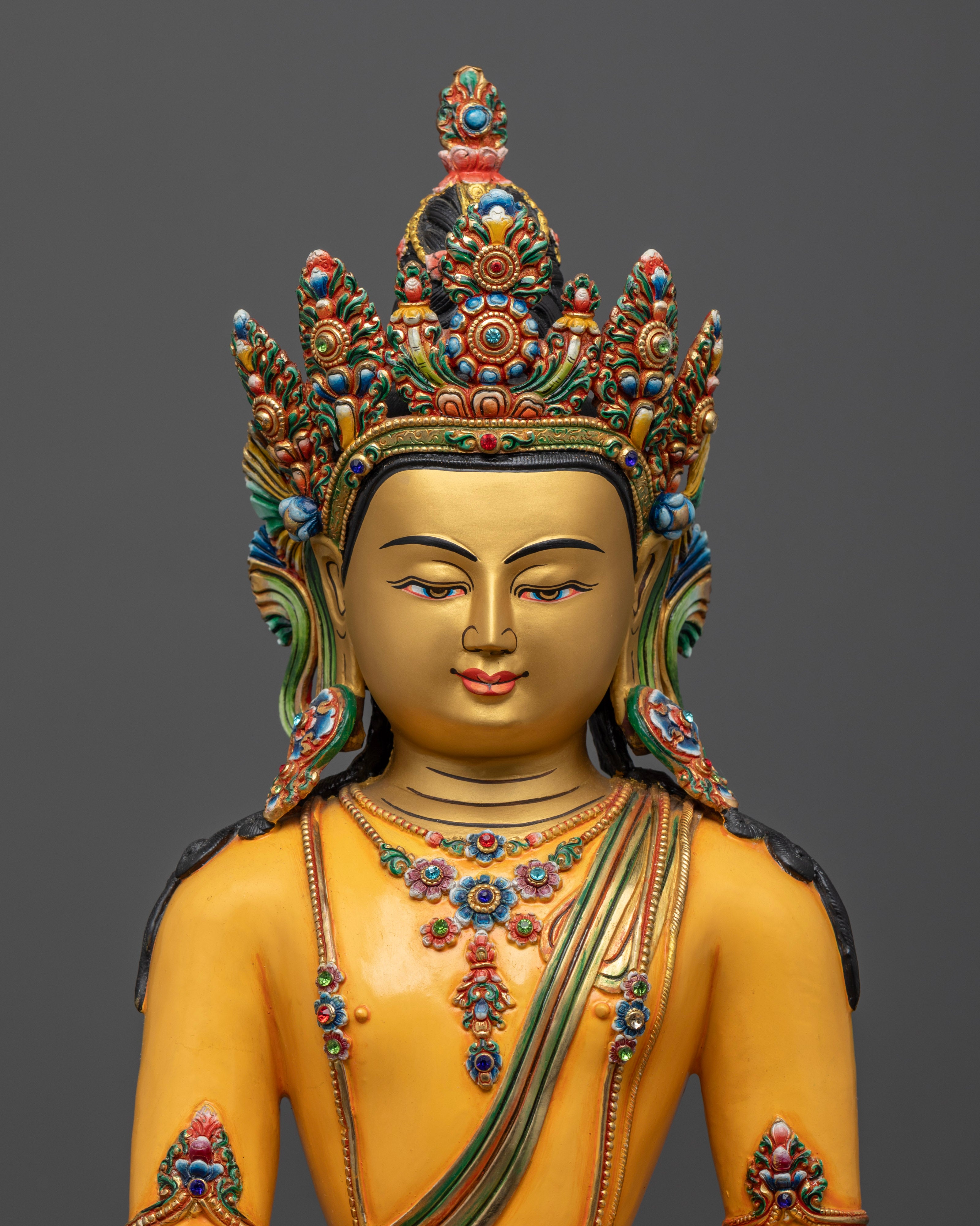 Buddha Shakyamuni’s serene, gold-plated face, highlighting the meticulous artistry and spiritual presence captured by Nepalese craftsmanship.