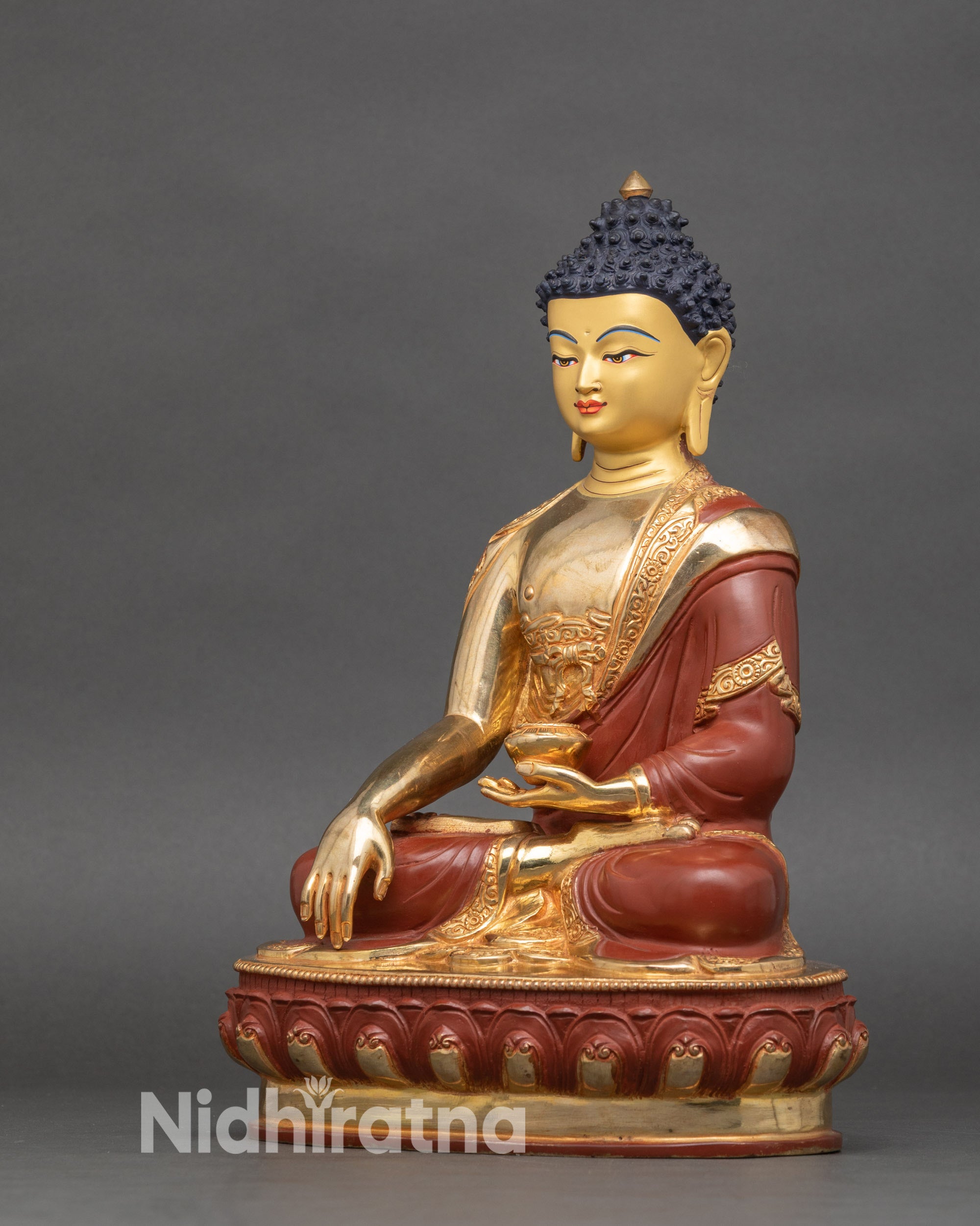Buddha Shakyamuni statue on lotus pedestal, handcrafted by Newari artisan in Patan