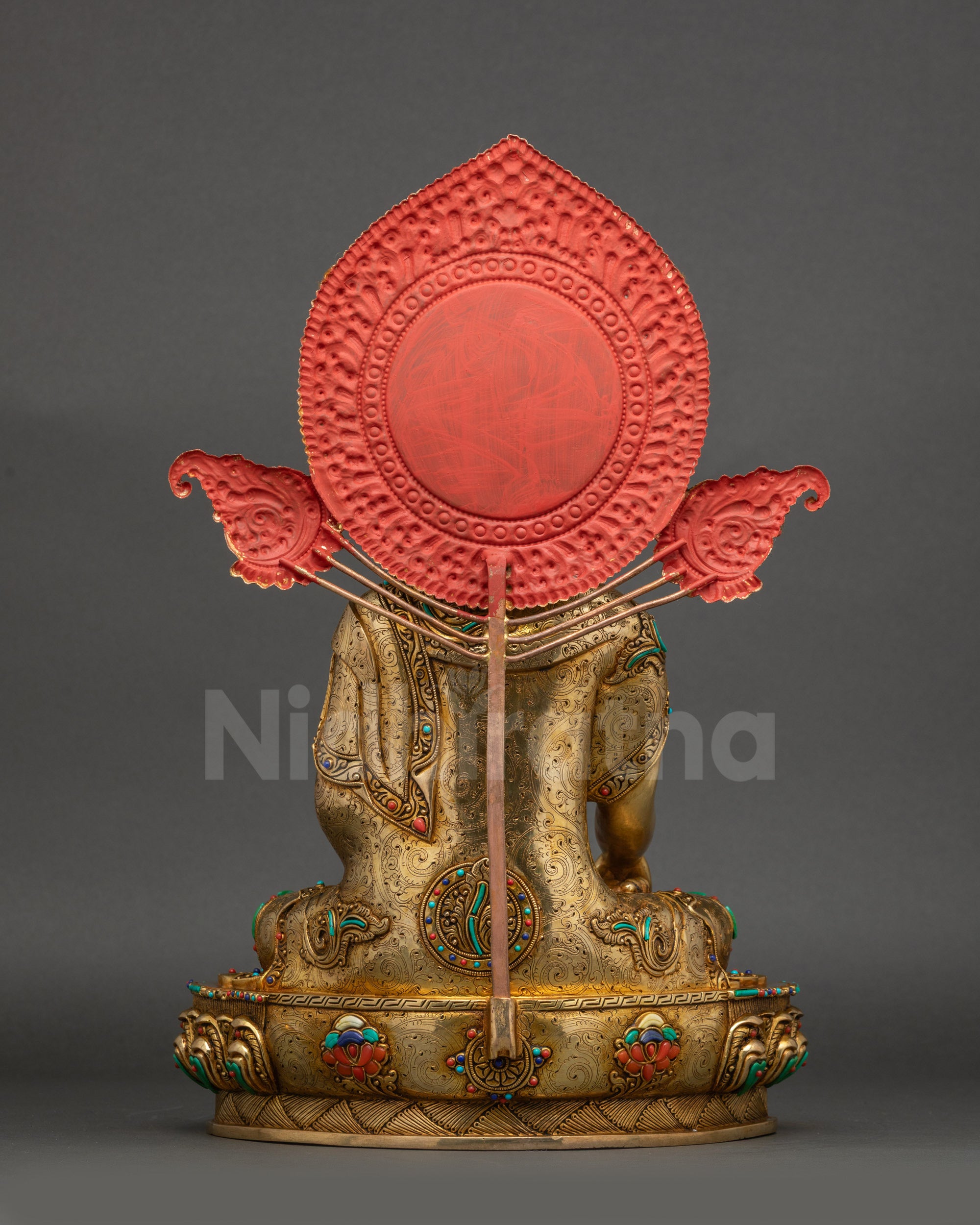 Buddha statue back view copper gold-gilded with floral halo intricate carvings Nepal