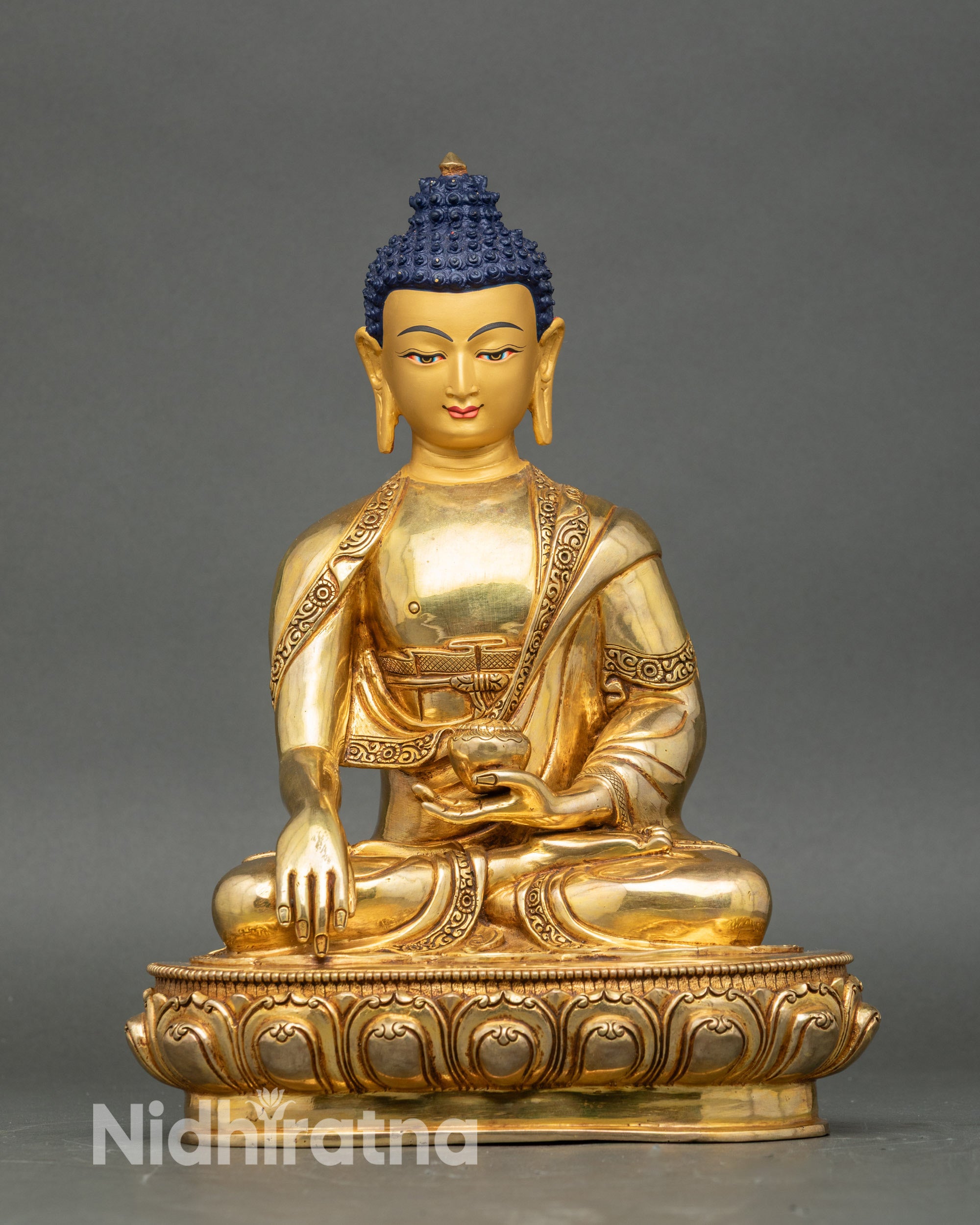 Buddha statue front view, handcrafted Nepalese copper with gold gilding