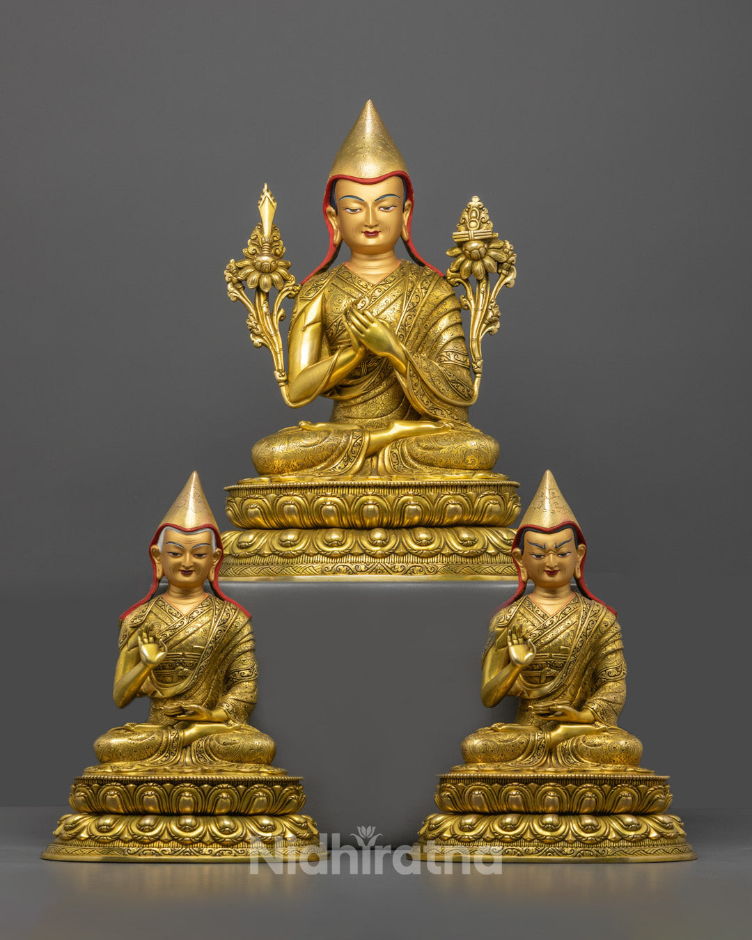 Buddhist Tsongkhapa Set | Hand-Made Trio Sculpture