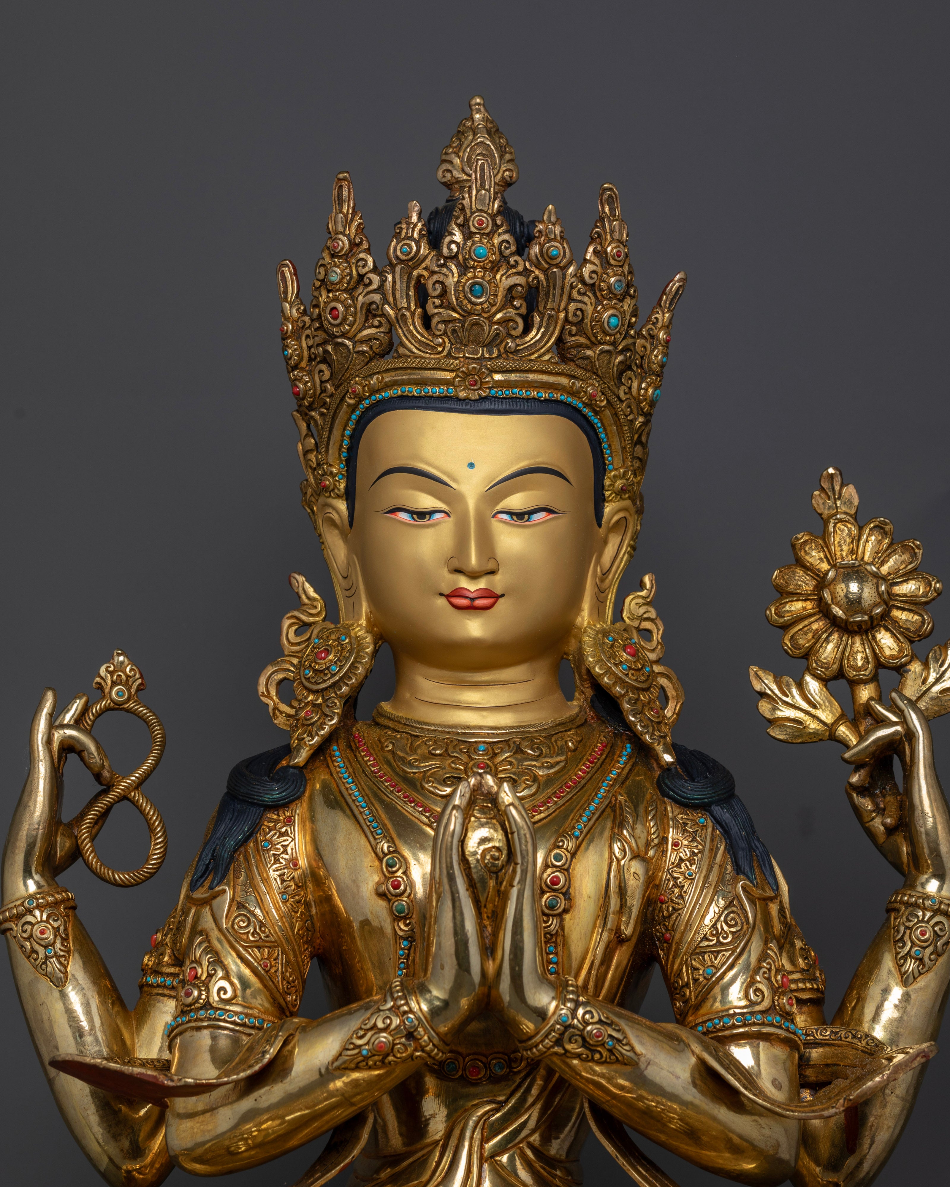 Authentic Tibetan Four-Armed Avalokiteshvara Statue for Devotees