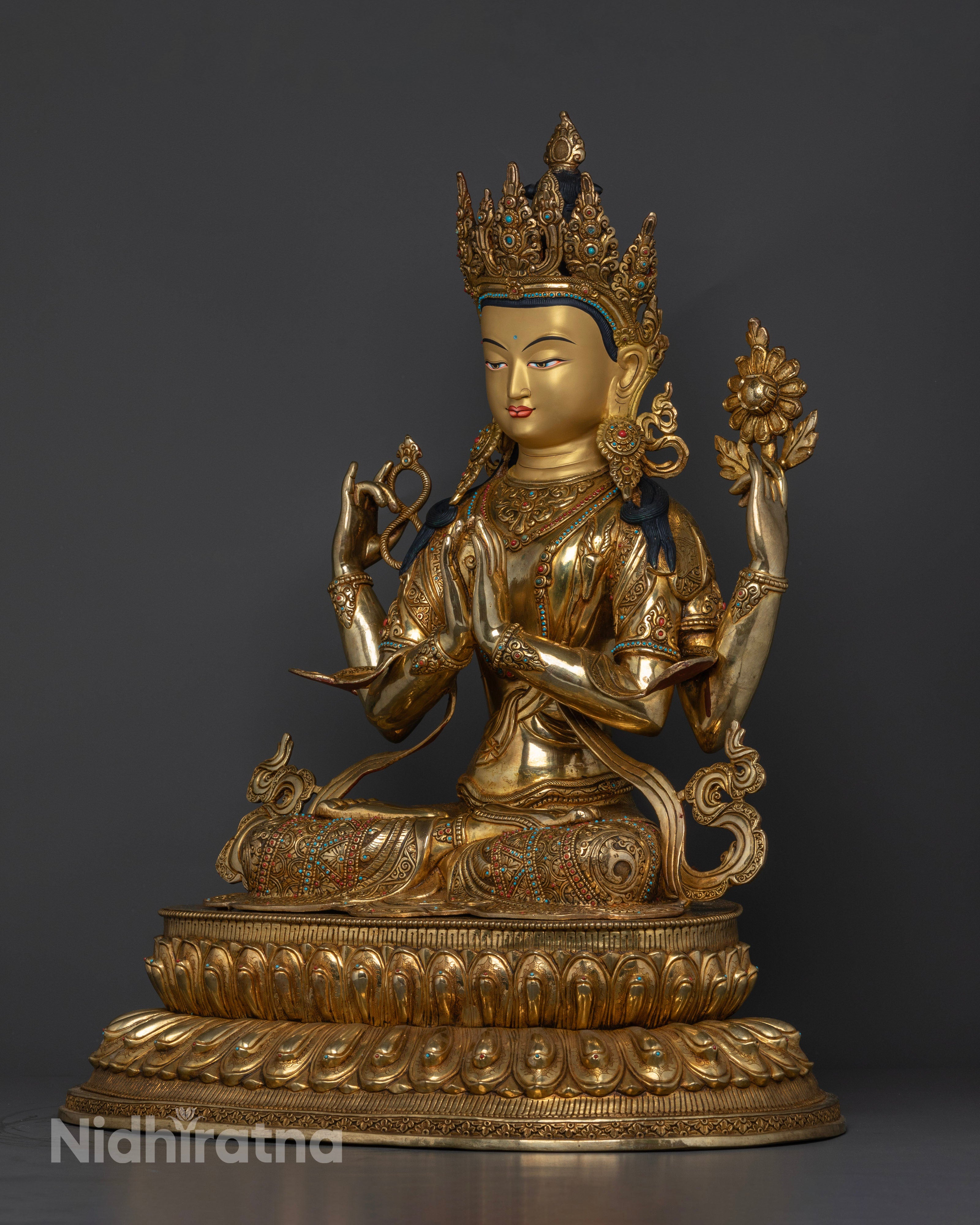 Authentic Tibetan Four-Armed Avalokiteshvara Statue for Devotees