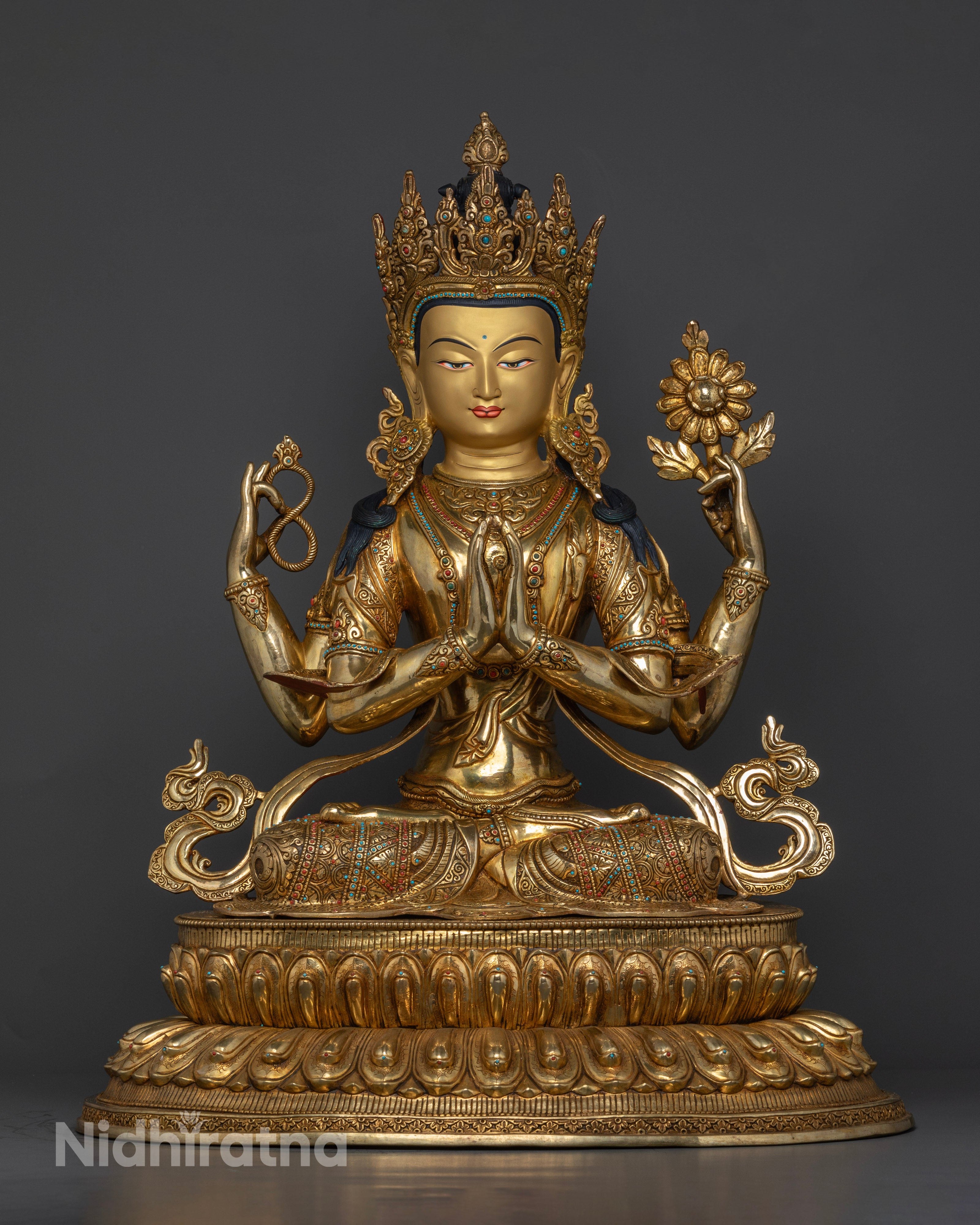 Authentic Tibetan Four-Armed Avalokiteshvara Statue for Devotees