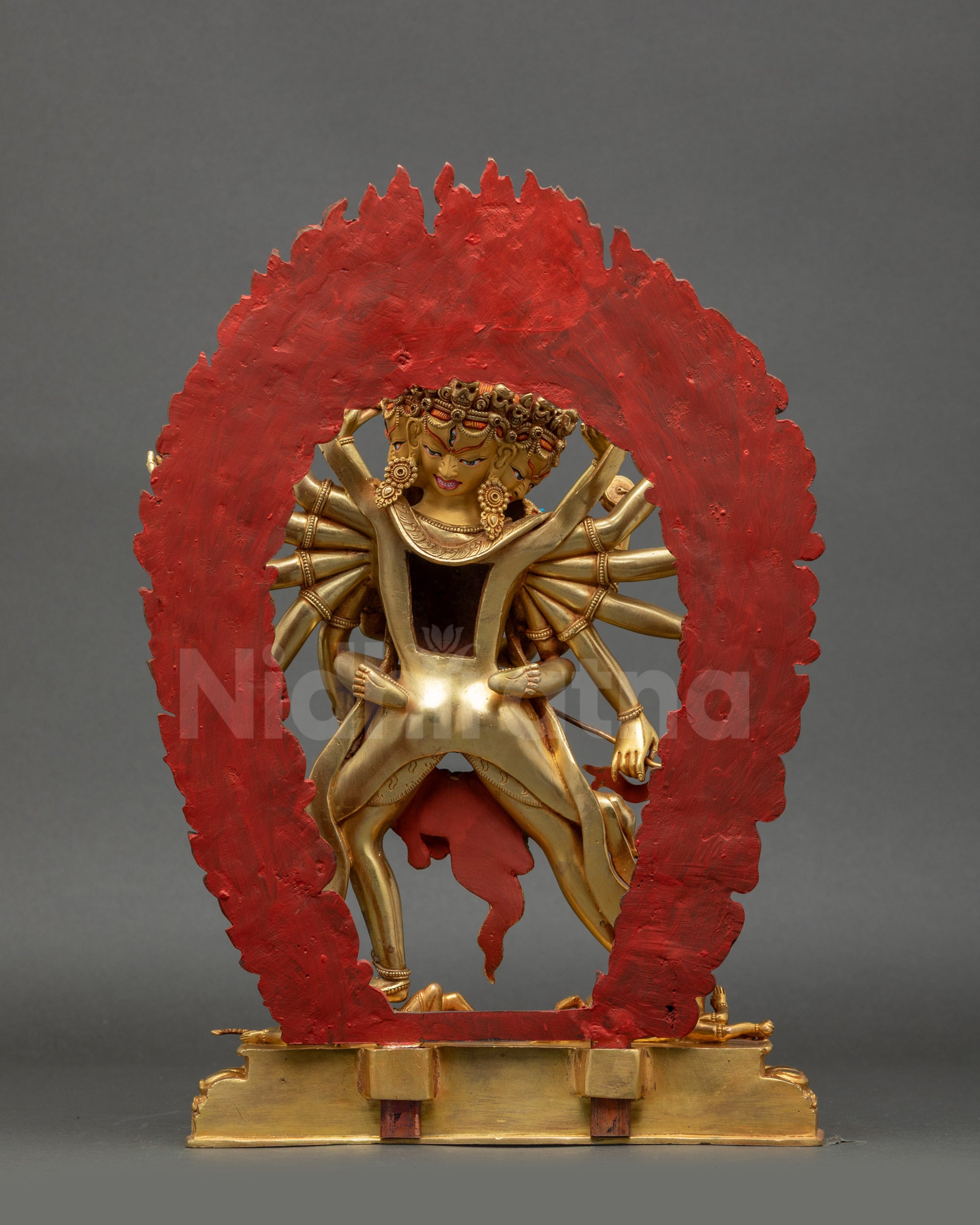 Chakrasamvara Yab Yum statue back view showing lotus seat and halo