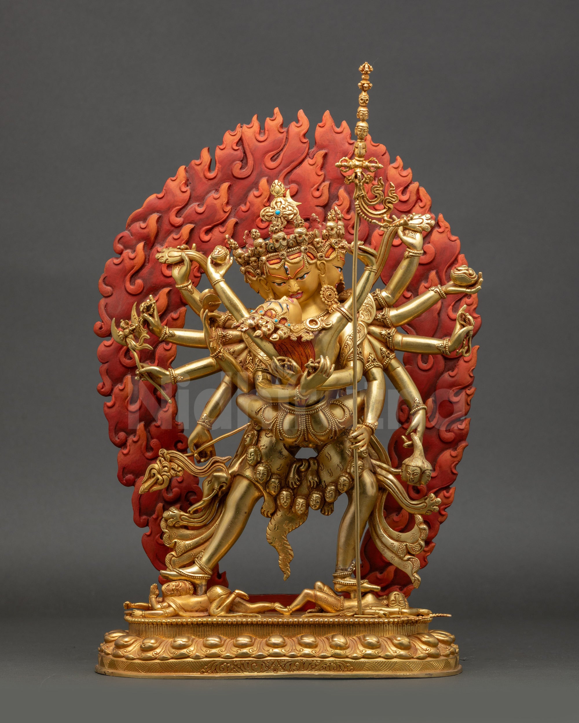 Chakrasamvara Yab Yum statue front view gold-gilded standing on lotus seat