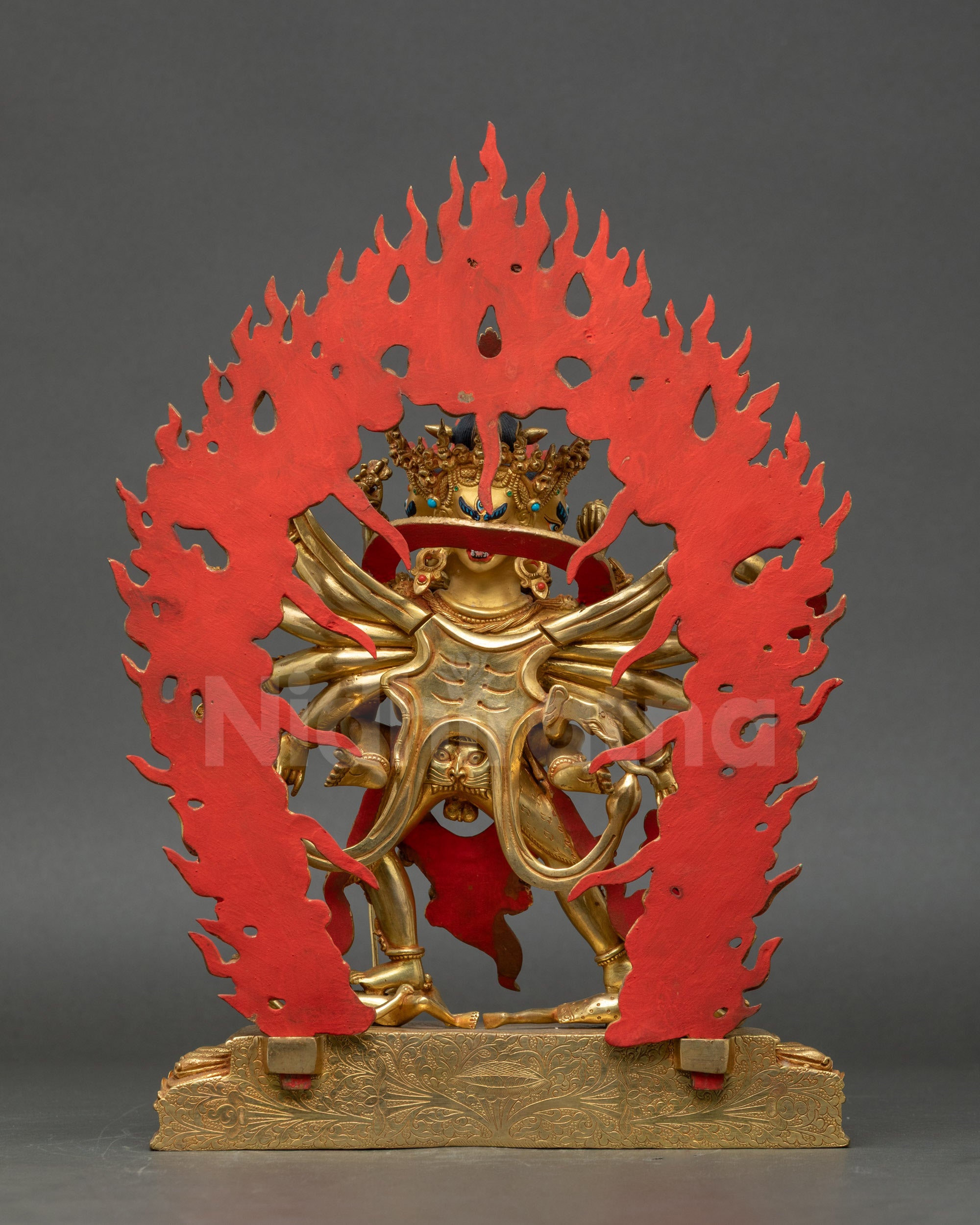 Chakrasamvara statue back view showing halo and intricate gilded detailing