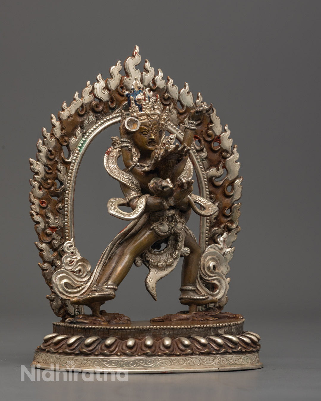 Chakrasamvara statue displayed on Buddhist altar symbolizing tantric wisdom, compassion, and spiritual transformation