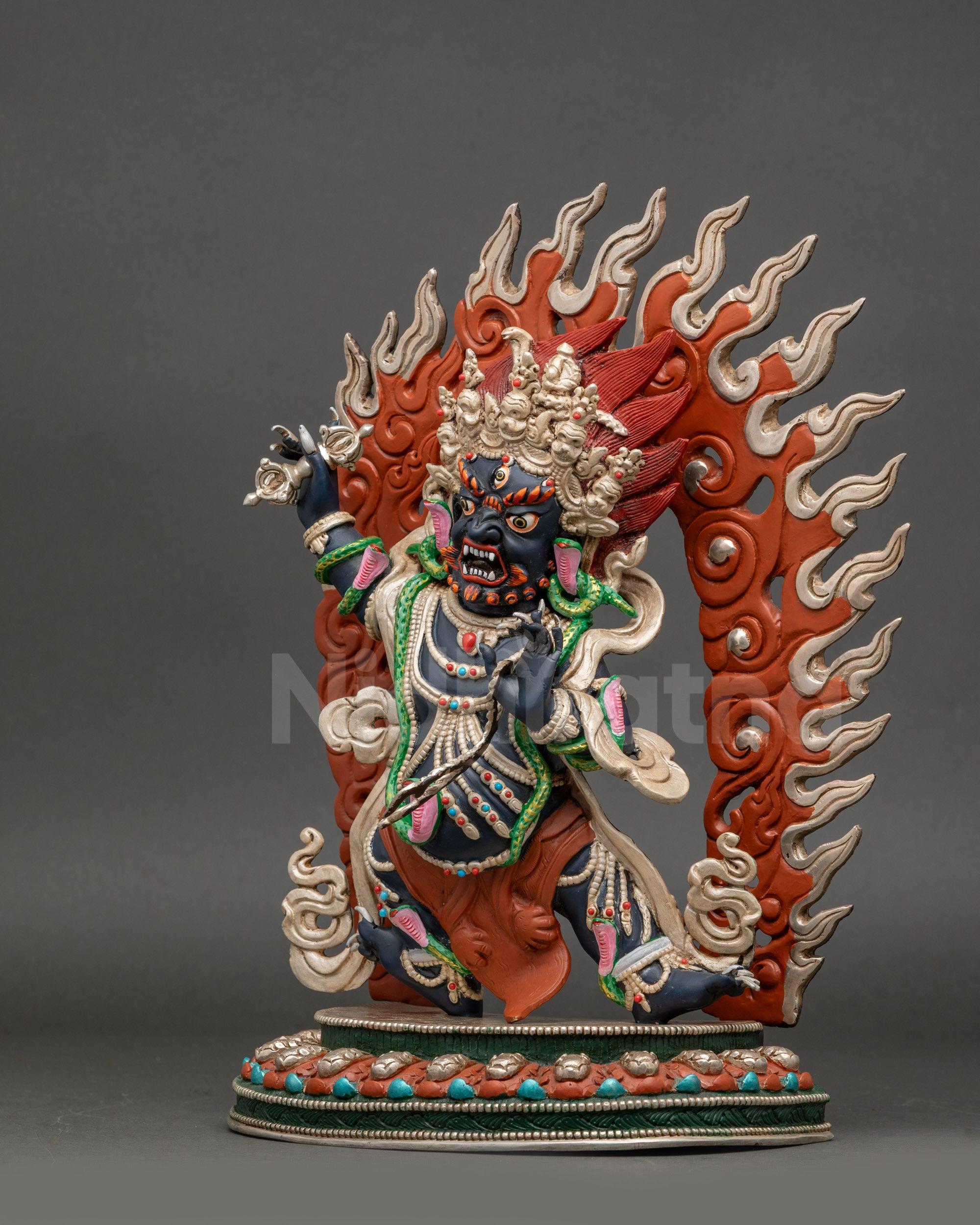 Chana Dorje Statue left side view dancing posture with silver-plated robe details