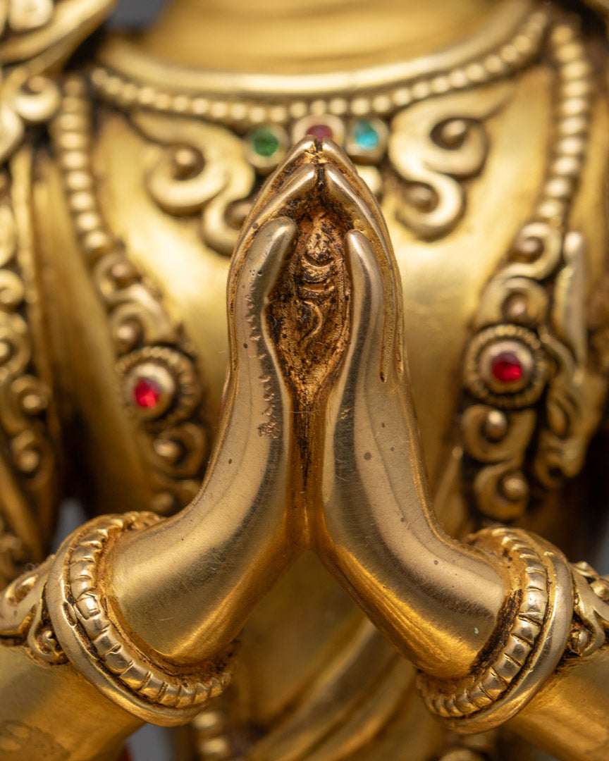 Hand-Carved Chenrezig Statue in 24K Gold Gilded Copper