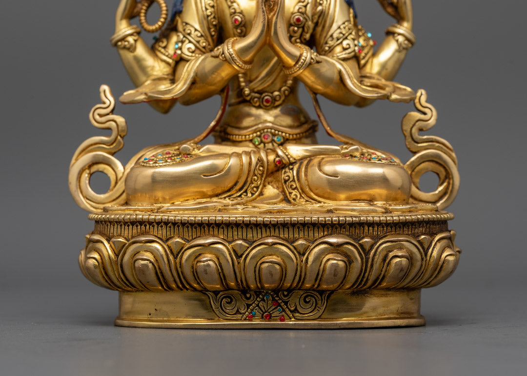 Hand-Carved Chenrezig Statue in 24K Gold Gilded Copper