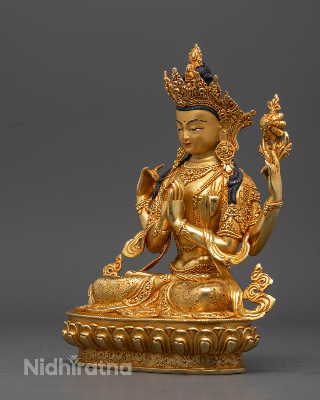 24K Gold Chenrezig Statue | Avalokiteshvara Hand-Carved Statue