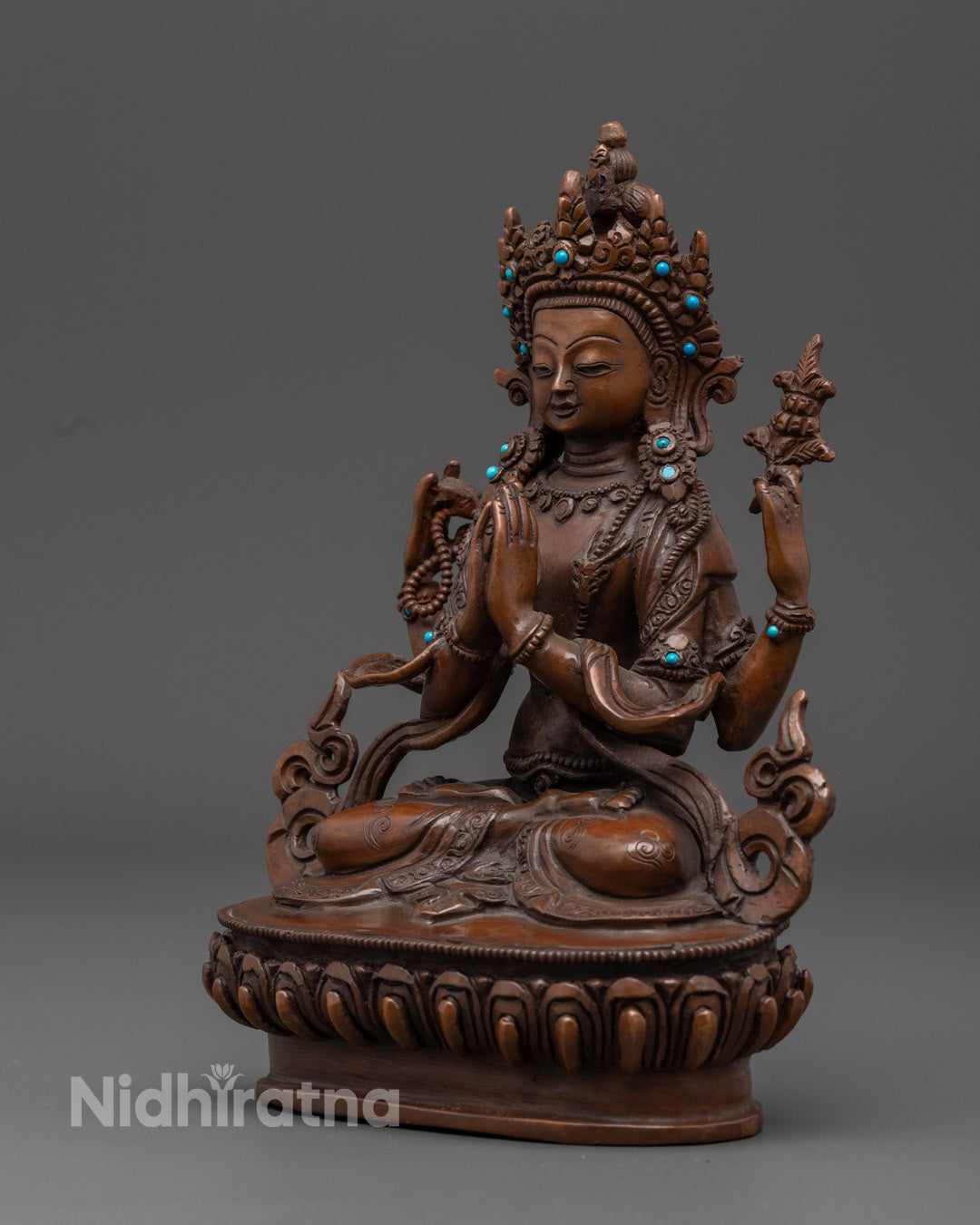 Oxidized Copper Chenrezig Statue | Traditional Buddhist Art