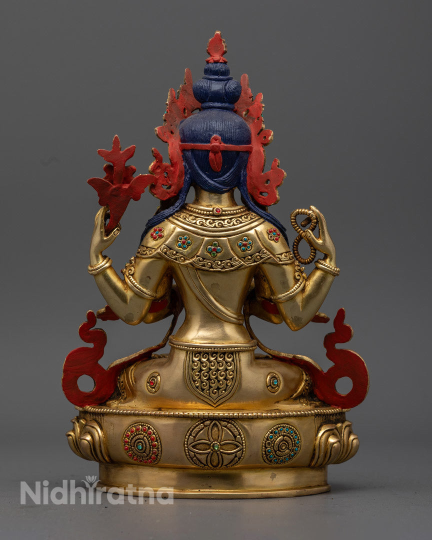 Hand-Carved Chenrezig Statue in 24K Gold Gilded Copper