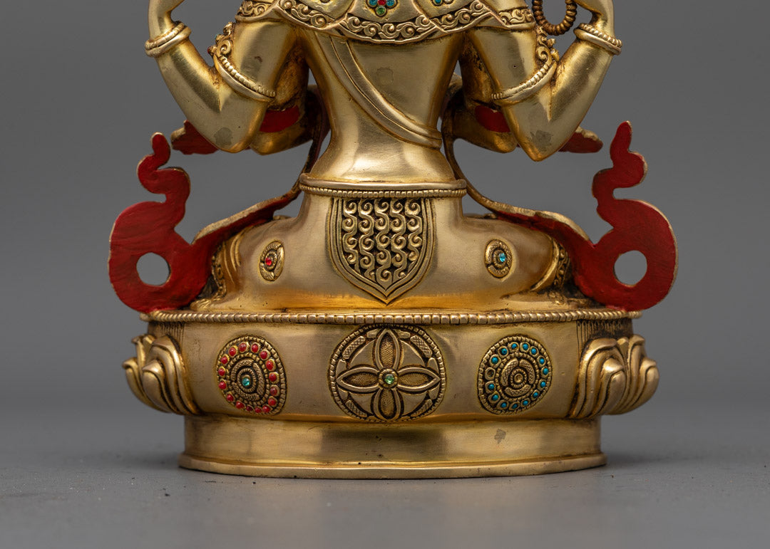Hand-Carved Chenrezig Statue in 24K Gold Gilded Copper