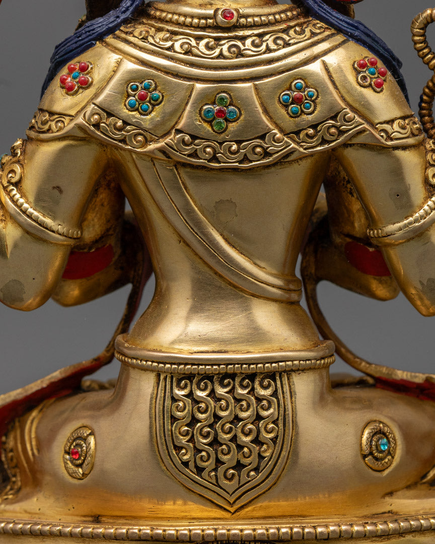 Hand-Carved Chenrezig Statue in 24K Gold Gilded Copper