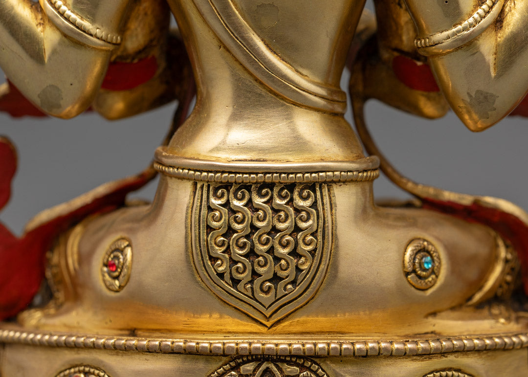Hand-Carved Chenrezig Statue in 24K Gold Gilded Copper