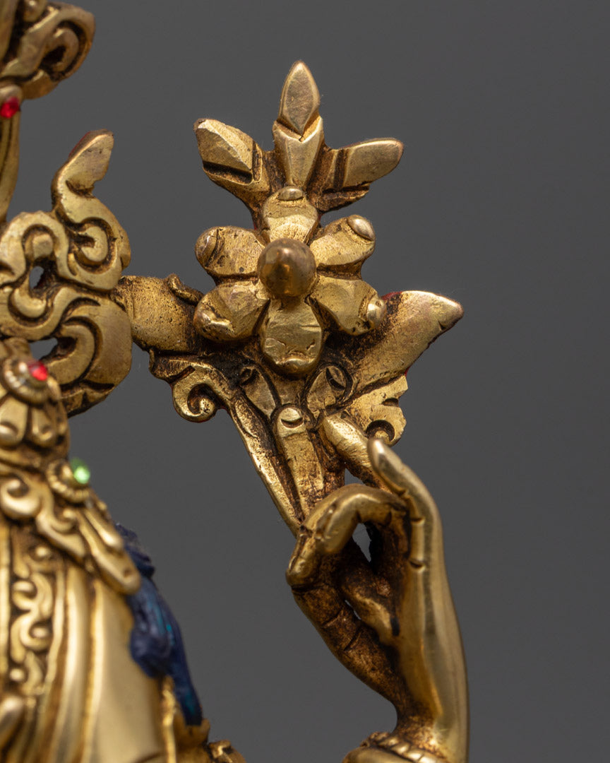 Hand-Carved Chenrezig Statue in 24K Gold Gilded Copper