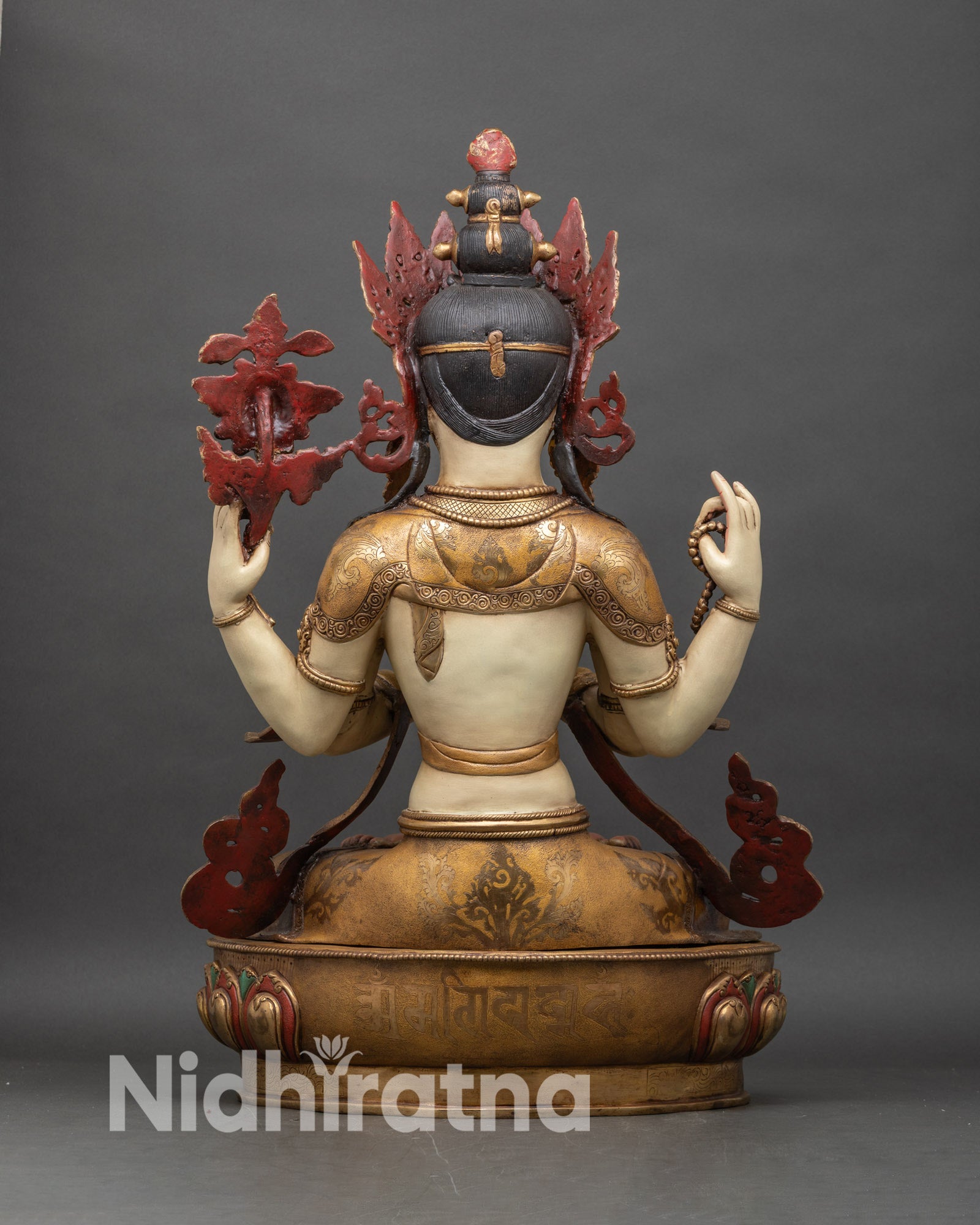 Chenrezig Statue back view, multi-colored lotus pedestal with copper and gold craftsmanship