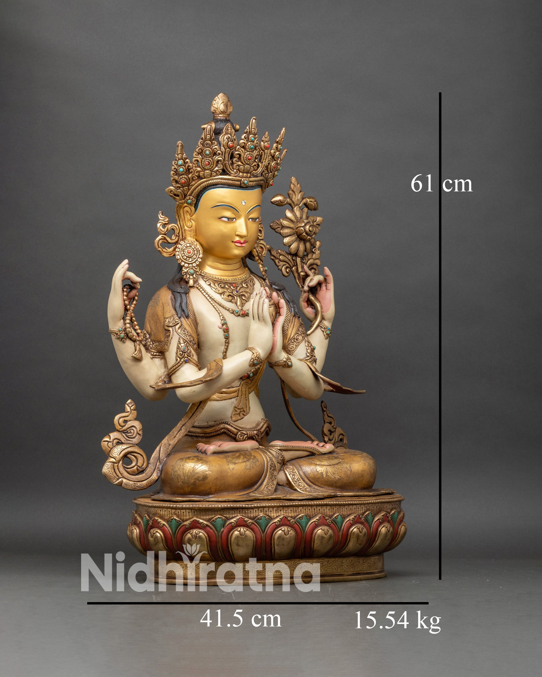 Chenrezig Statue right profile, Himalayan Bodhisattva seated on colorful lotus pedestal