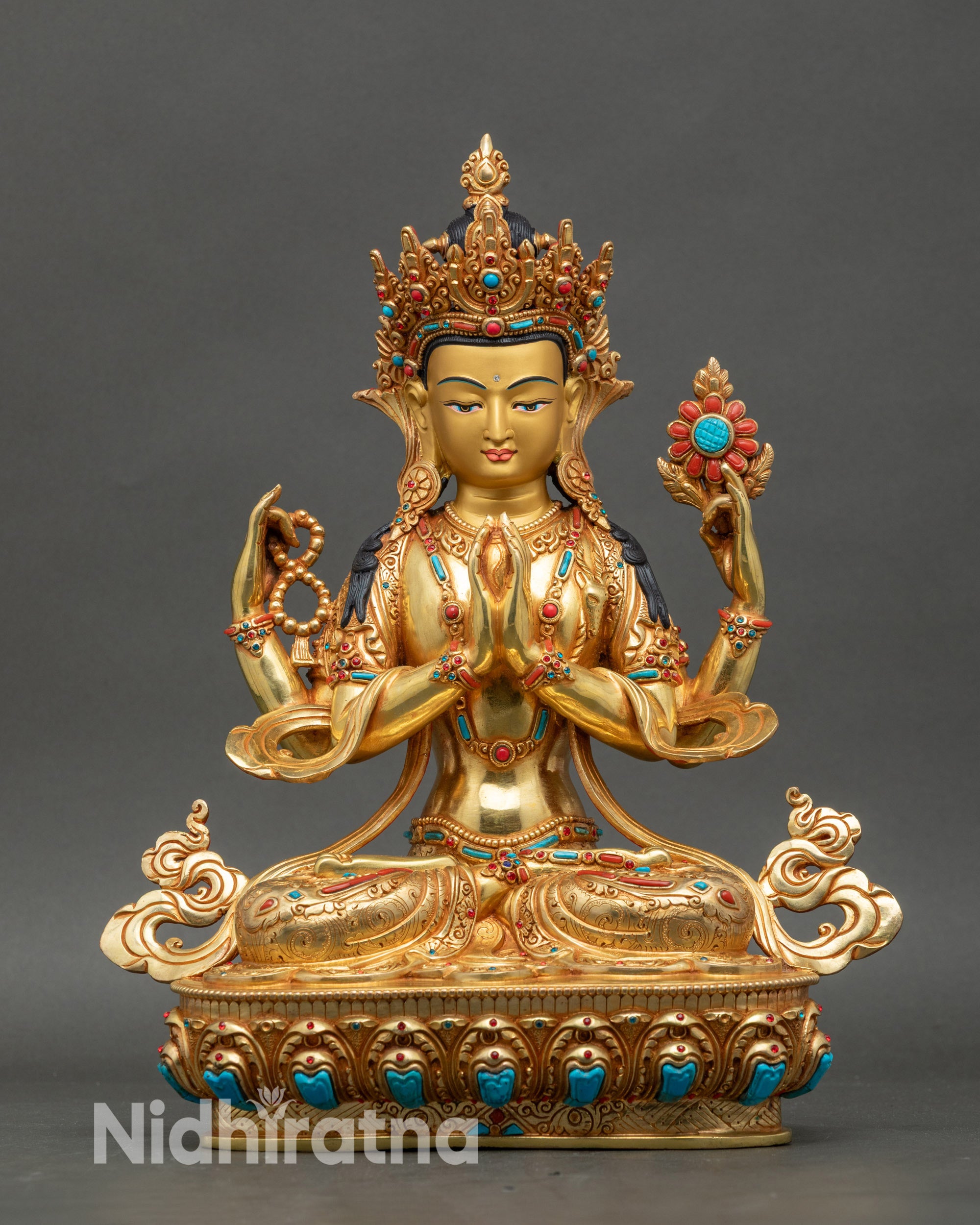 Chenrezig Avalokiteshvara statue four-armed fire gilded copper with semi-precious stones