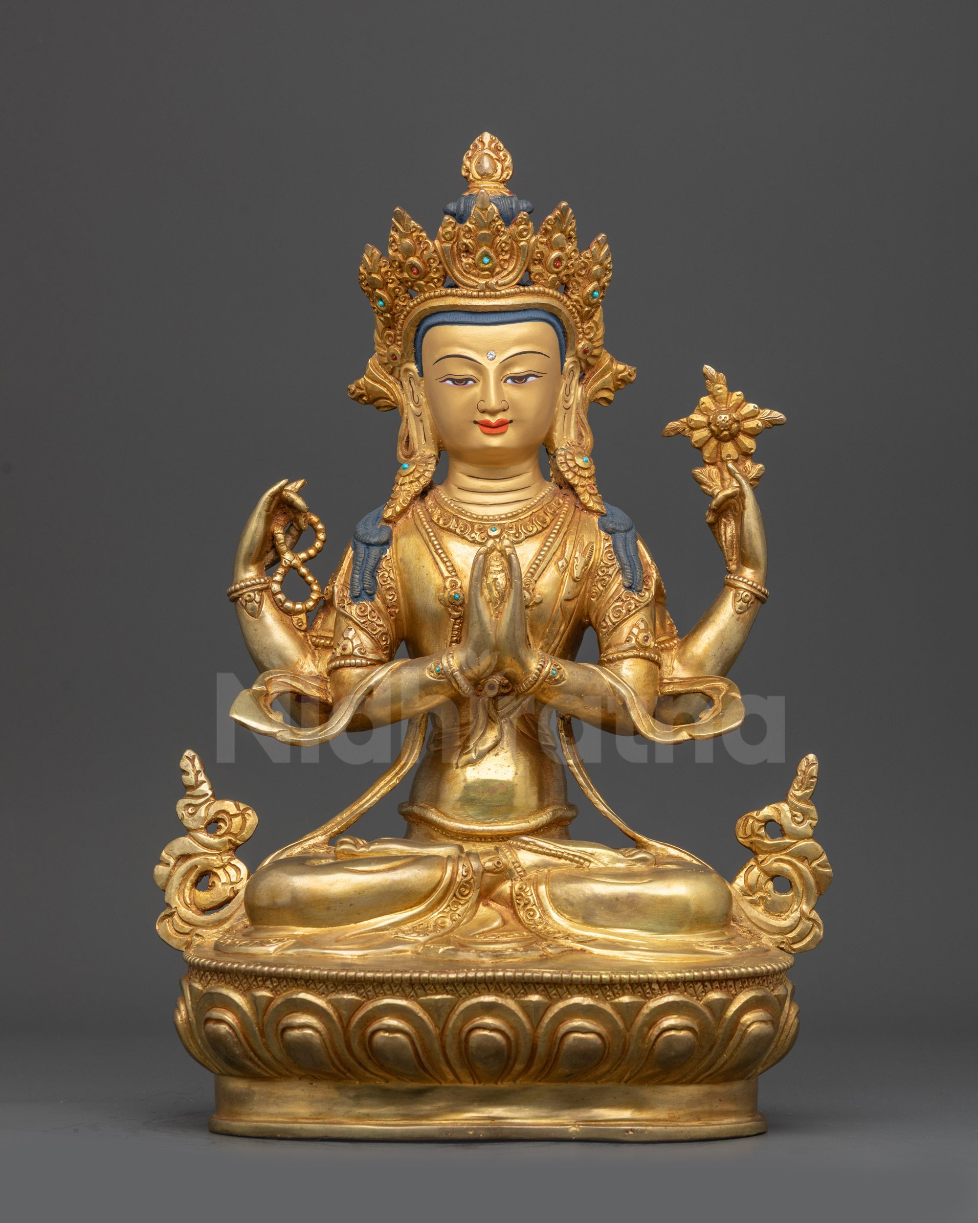 Chenrezig Avalokiteshvara statue front view gold fire gilded copper compassion bodhisattva