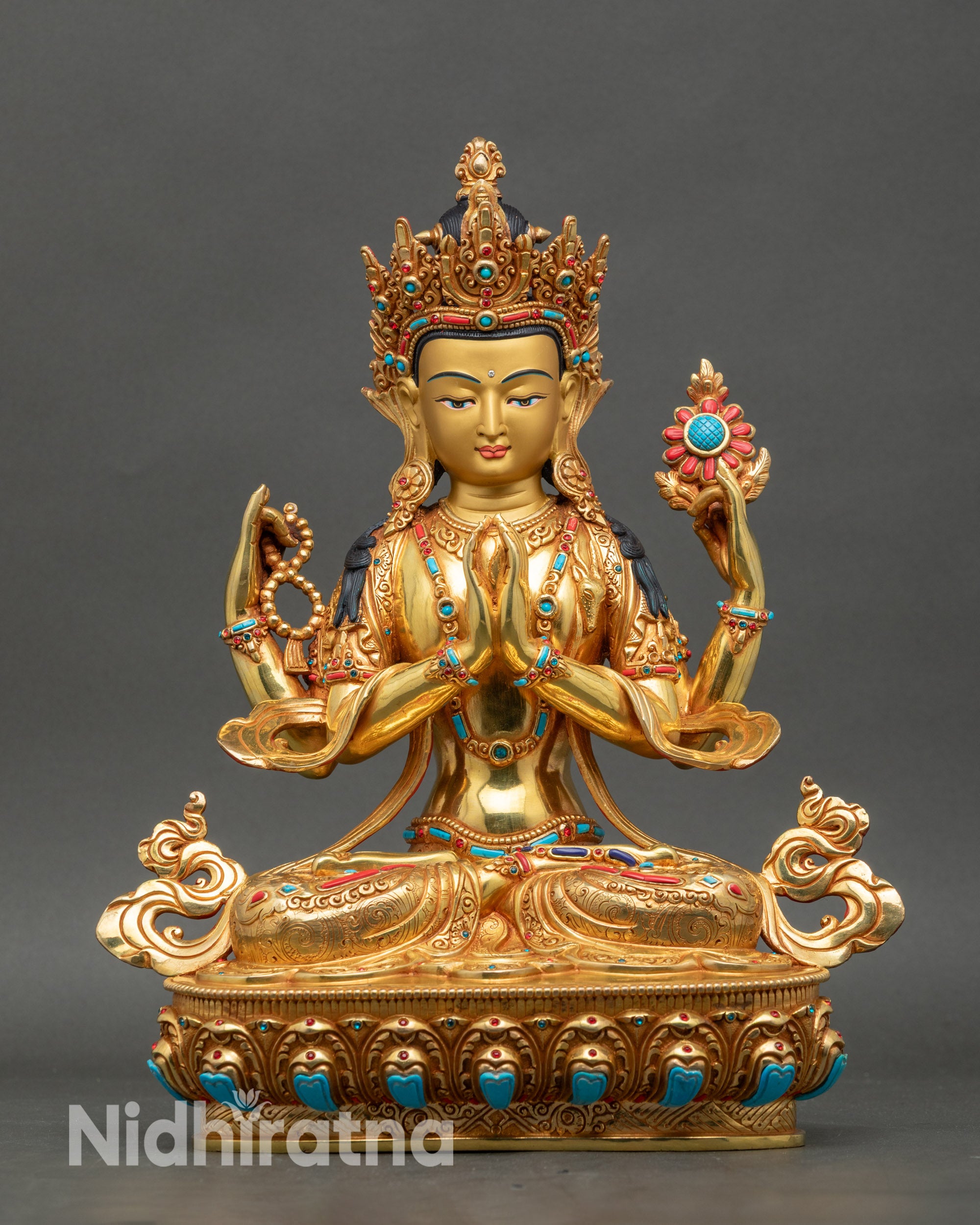Chenrezig Avalokiteshvara statue with fire gilding and gemstone inlays