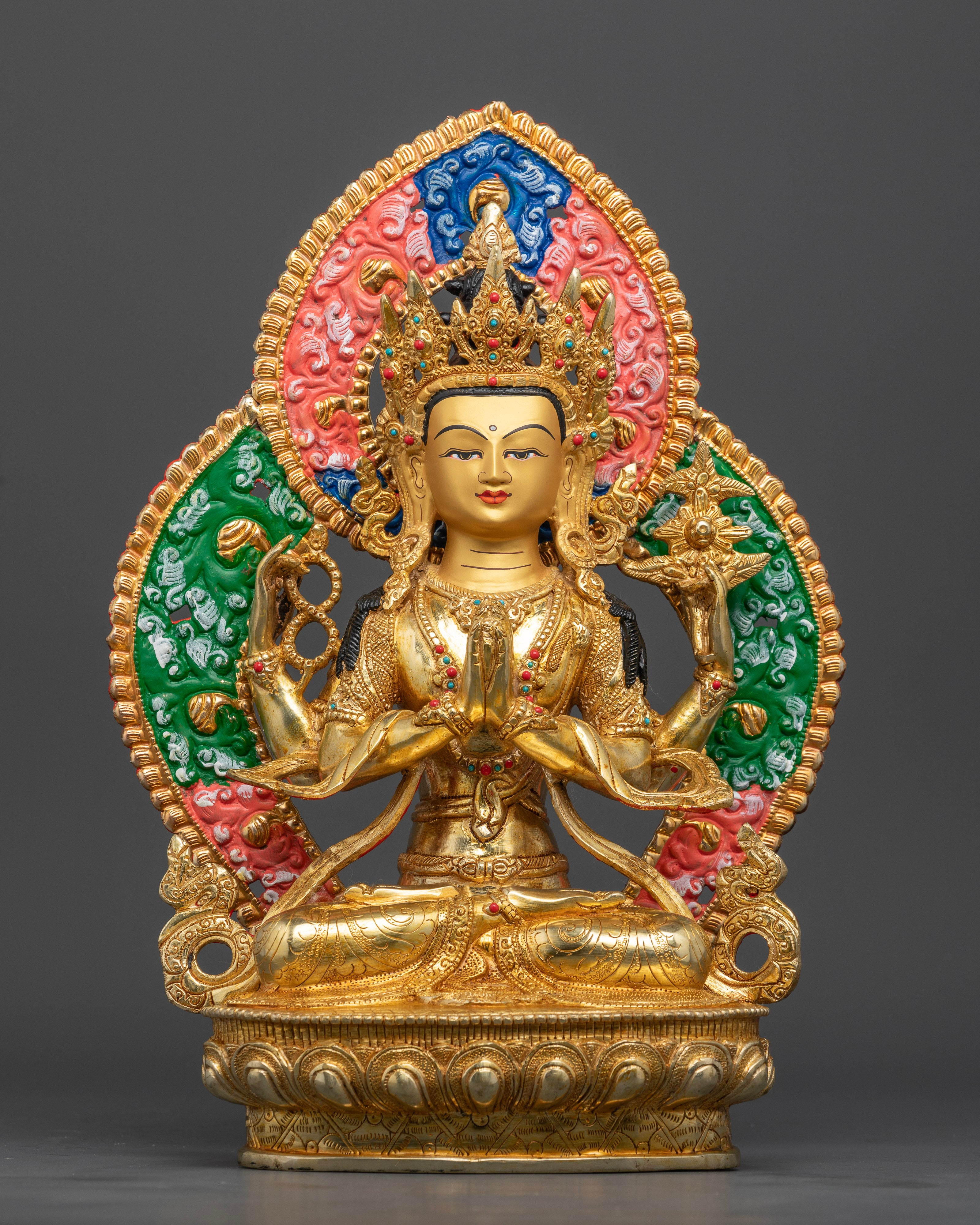 Chenrezig Bodhisattva statue, handcrafted Nepalese copper with 24K gold-gilded face
