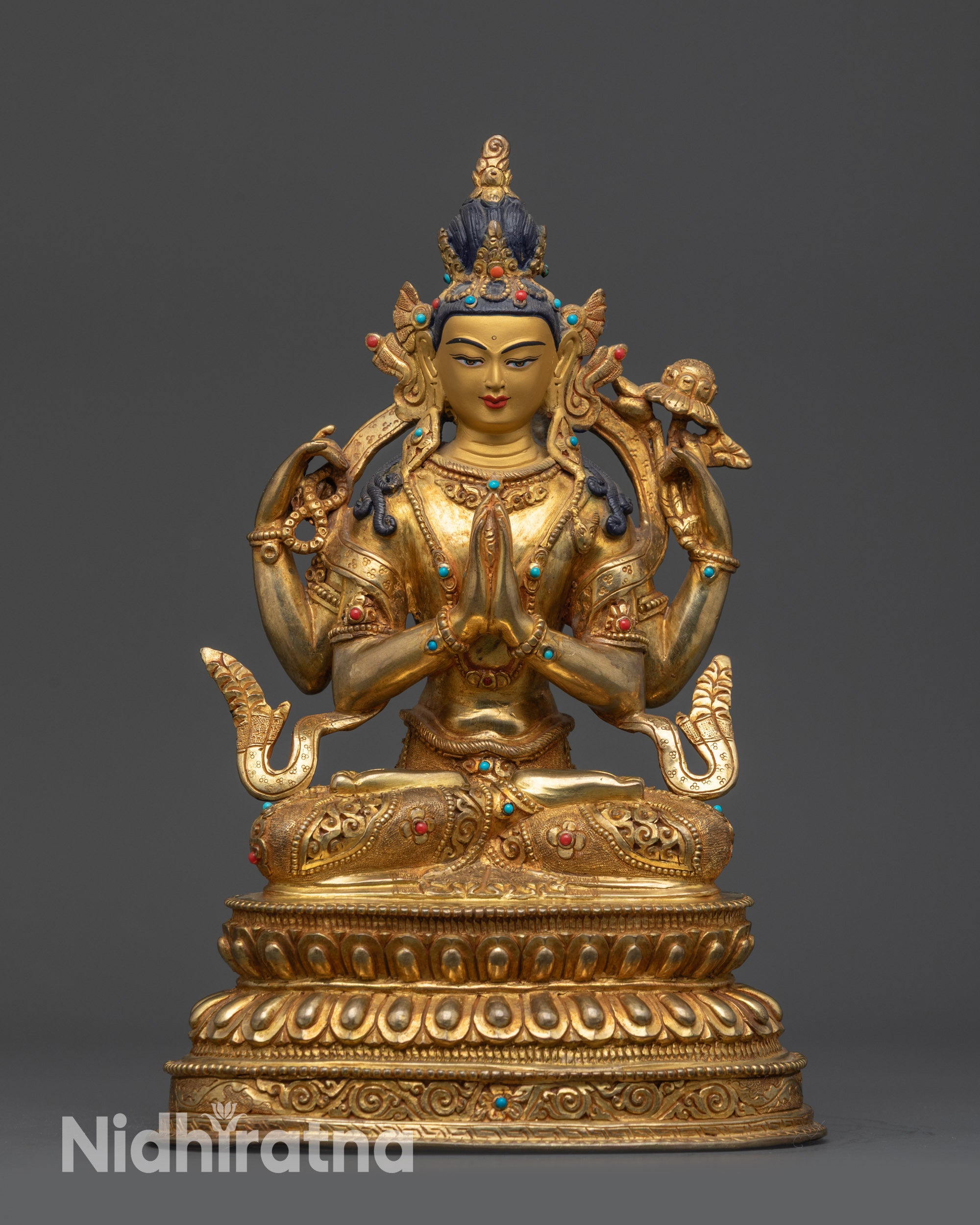 Chenrezig Bodhisattva statue with gold-gilded copper body and serene 24K gold painted face