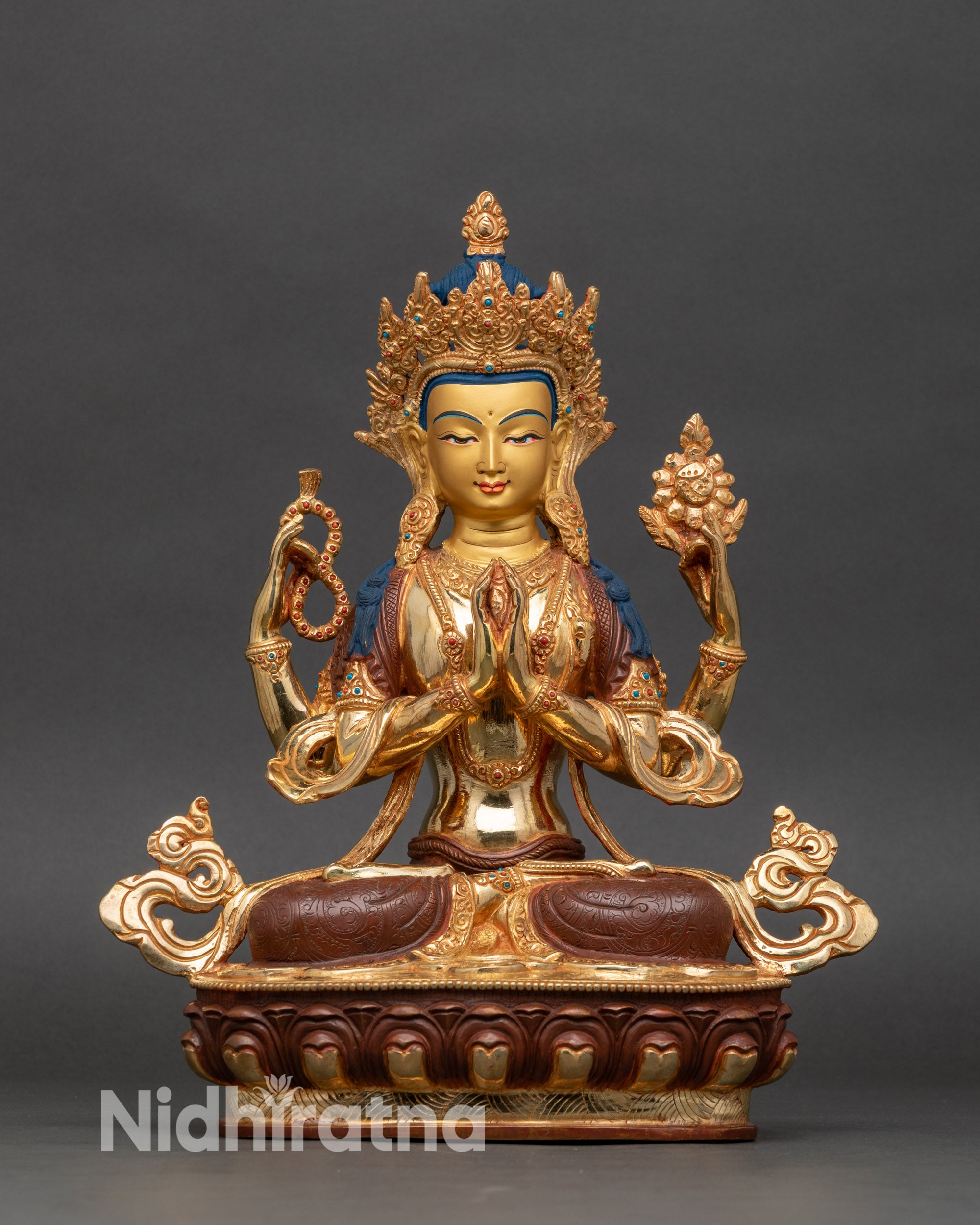 Chenrezig Compassion Buddha statue handcrafted in Nepal, half gold fire-gilded details
